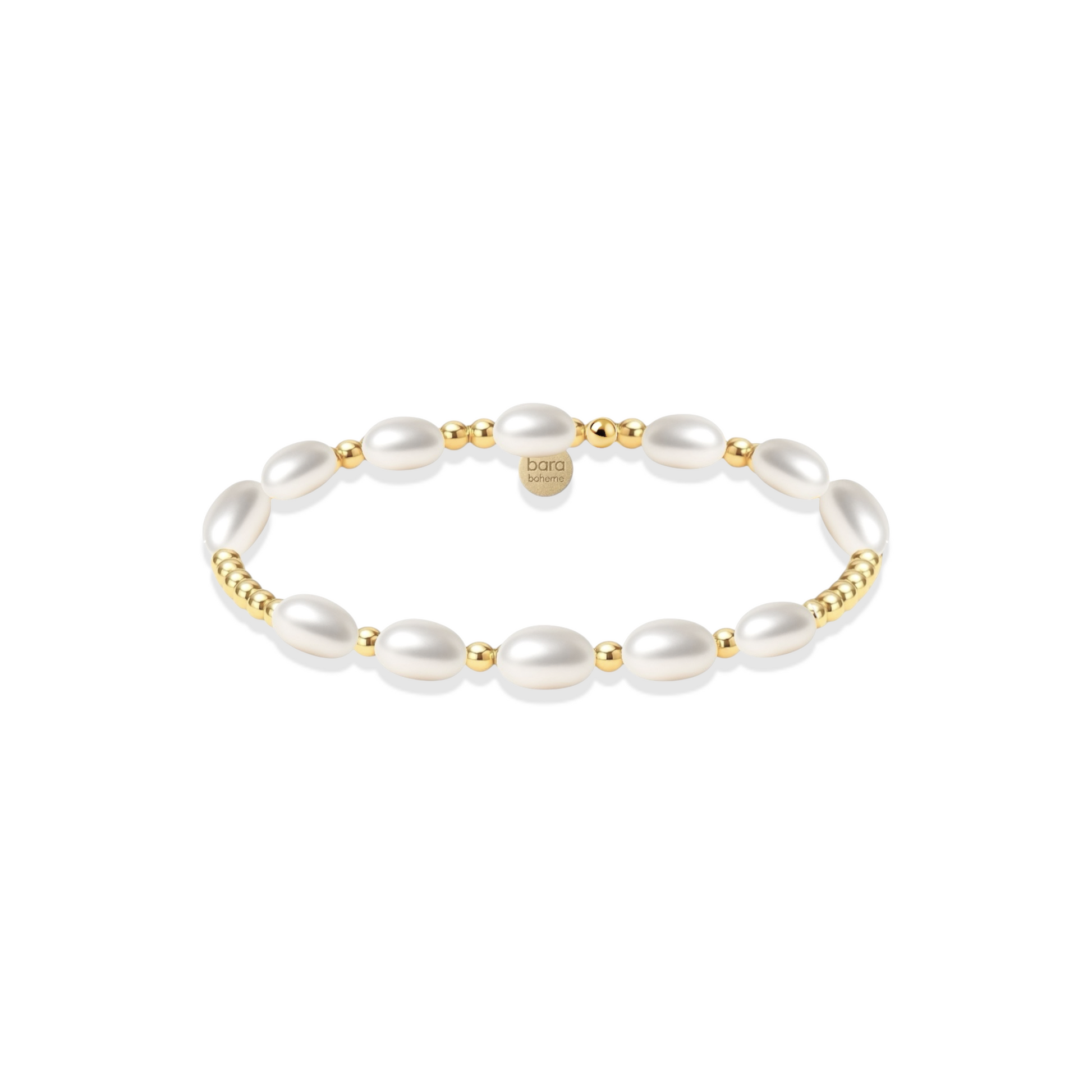 Pearl beaded bracelet with gold accents on a white background