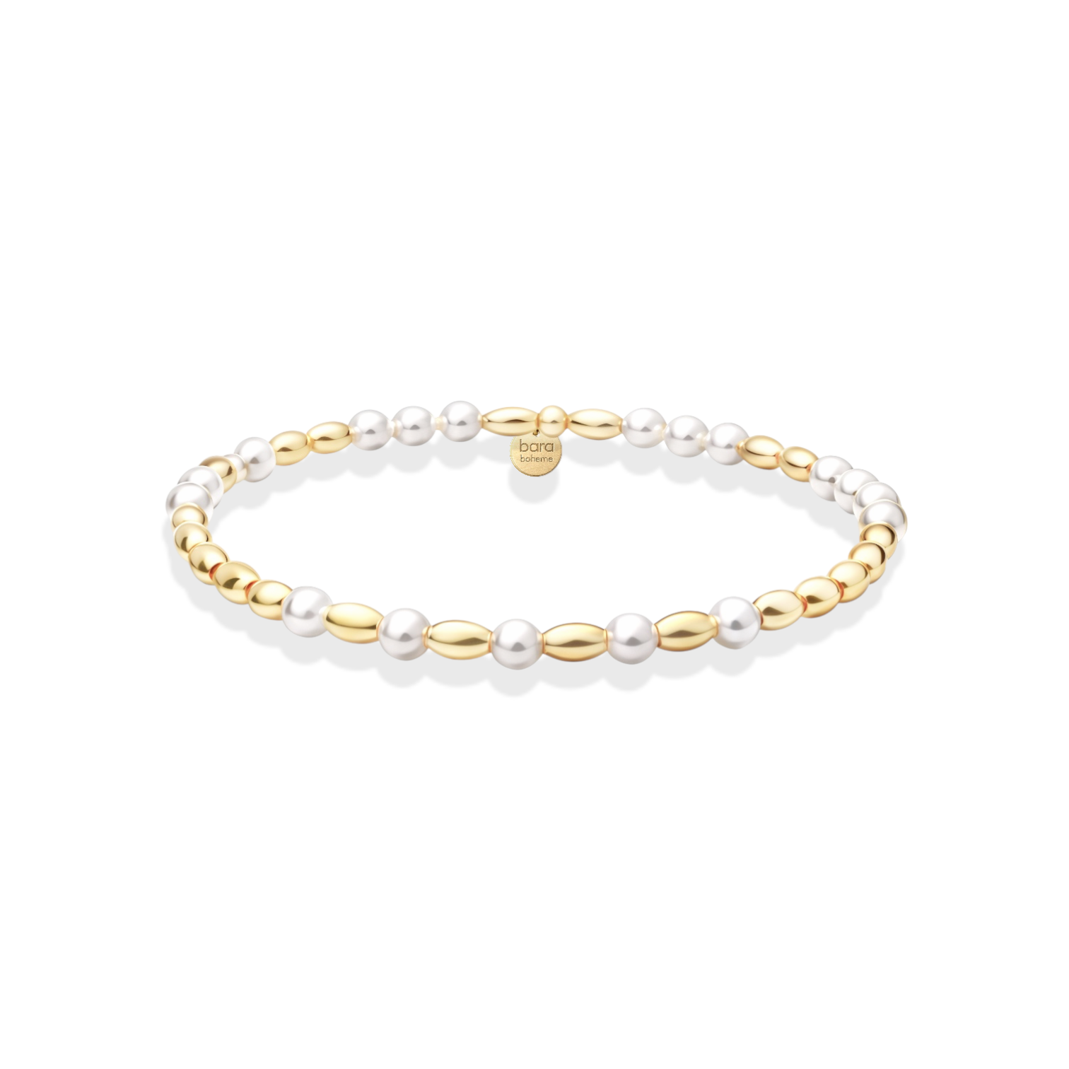 Pearl and gold beaded bracelet on a white background