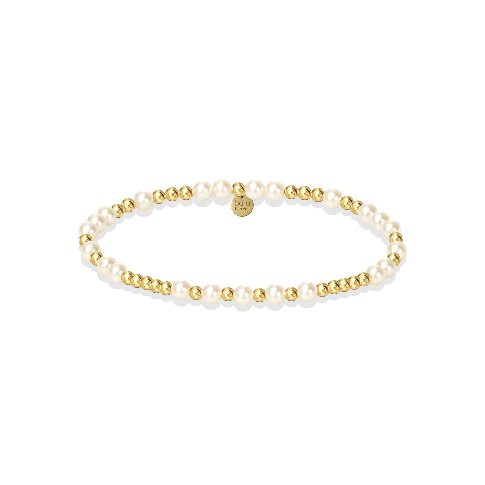 Pearl and gold beaded bracelet on a white background