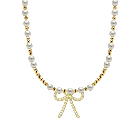 Emma + Pearl Bow Gold Filled Beaded Necklace