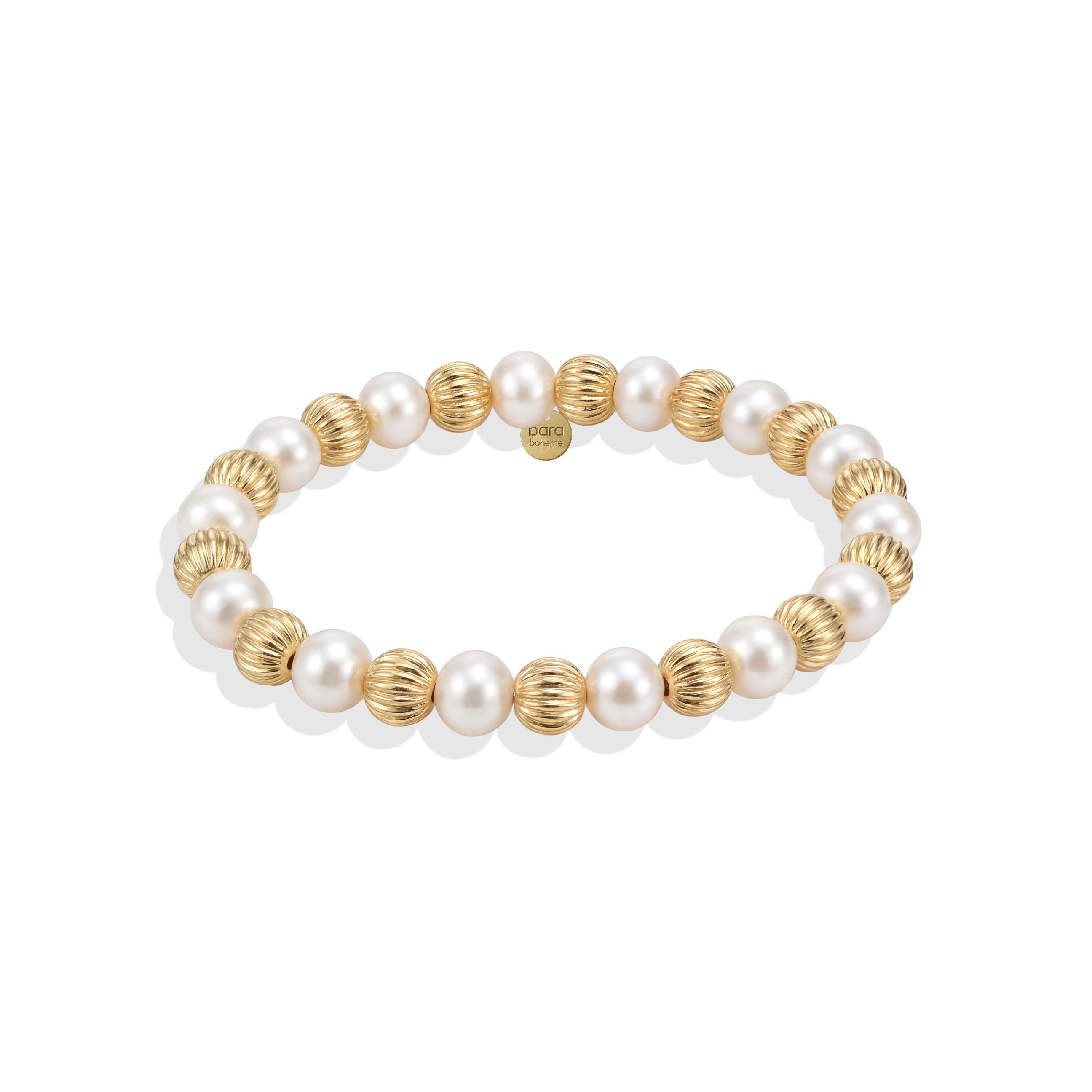 Bracelet with alternating gold and pearl beads on a white background