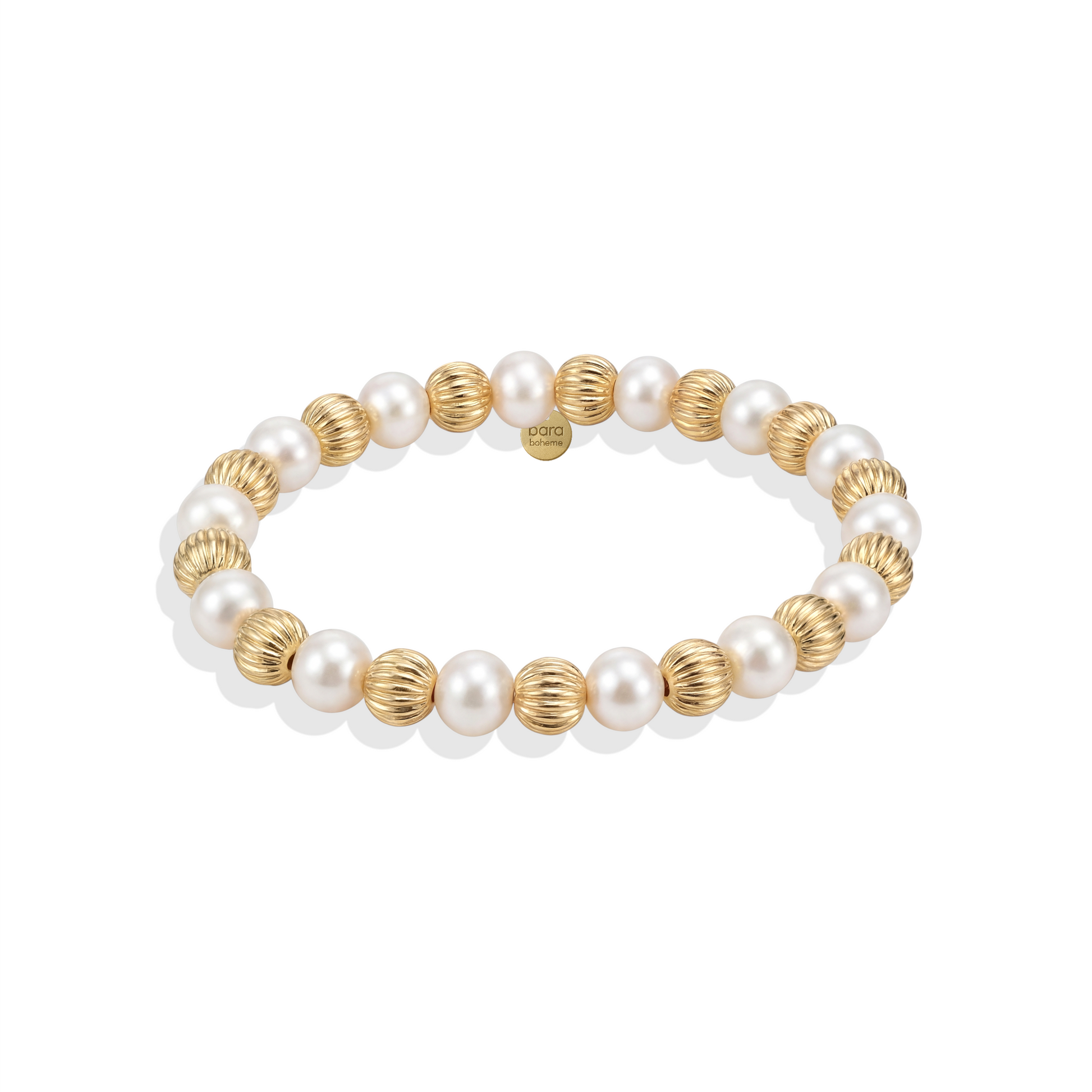 Bracelet with alternating gold and pearl beads on a white background