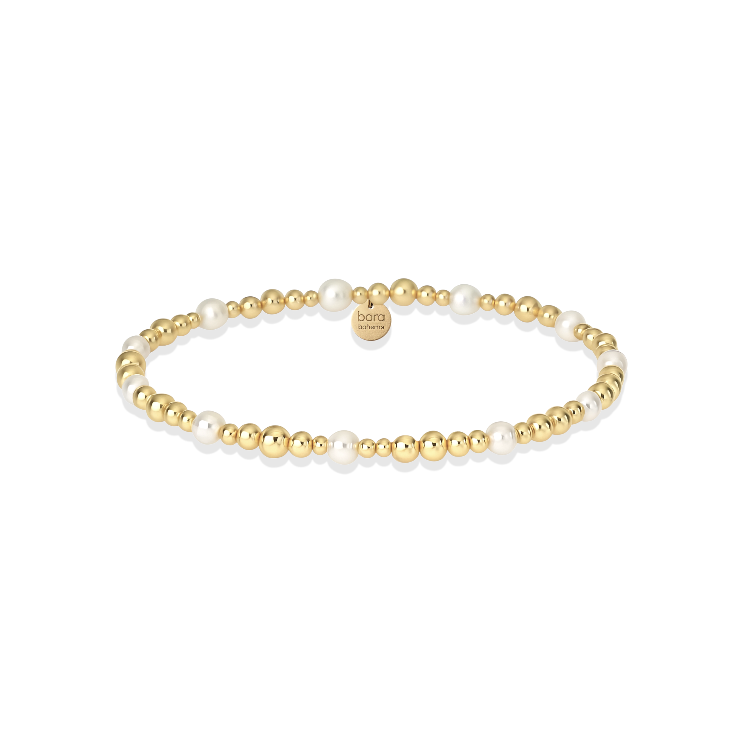 Gold and pearl beaded bracelet on a white background