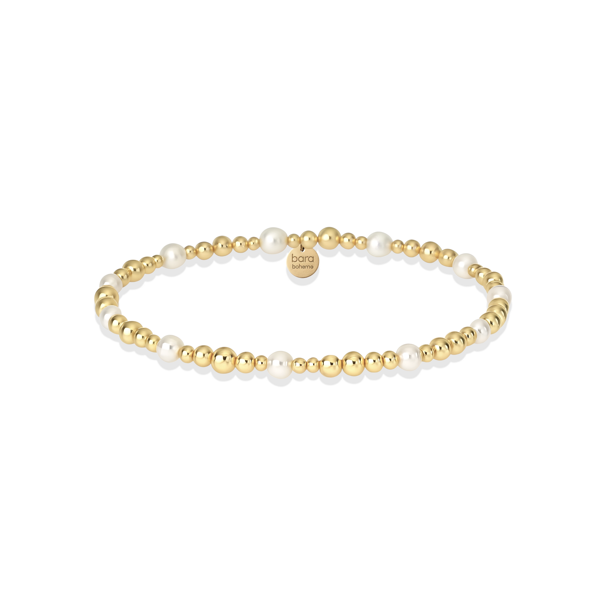 Gold and pearl beaded bracelet on a white background