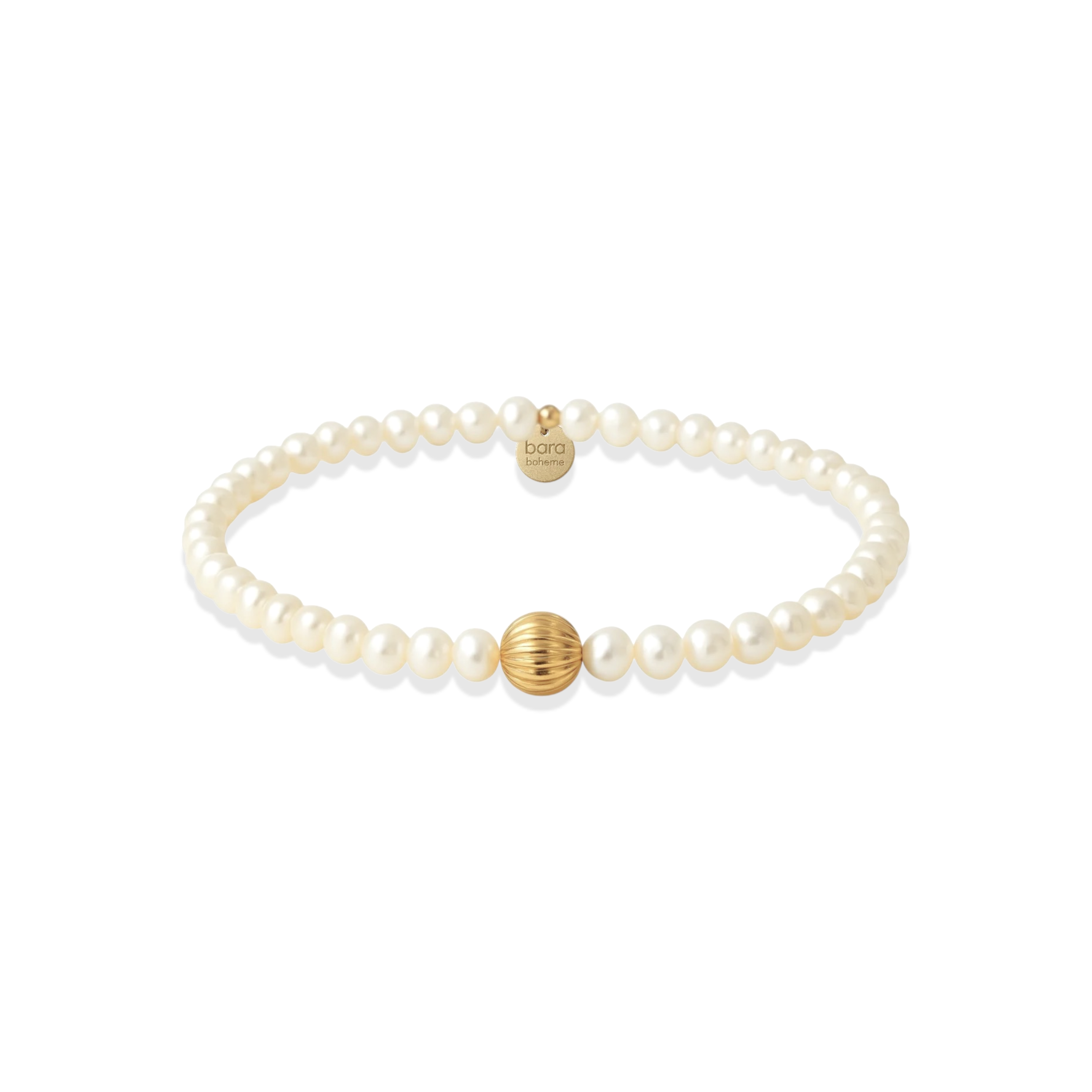 Pearl beaded bracelet with gold accents on a white background