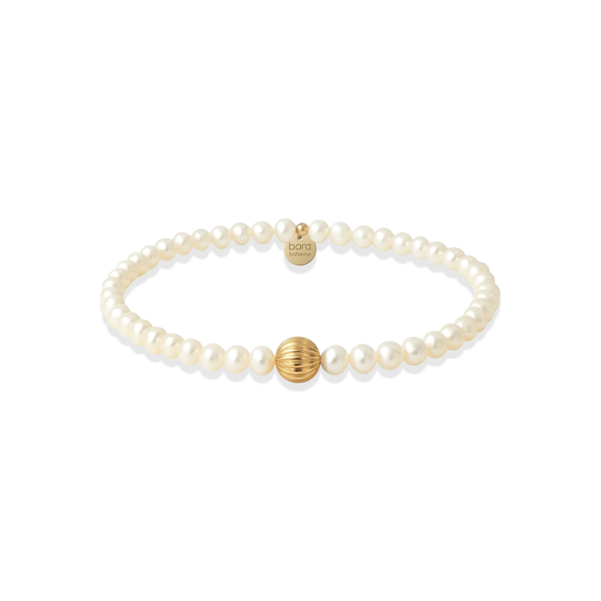 Pearl beaded bracelet with gold accents on a white background
