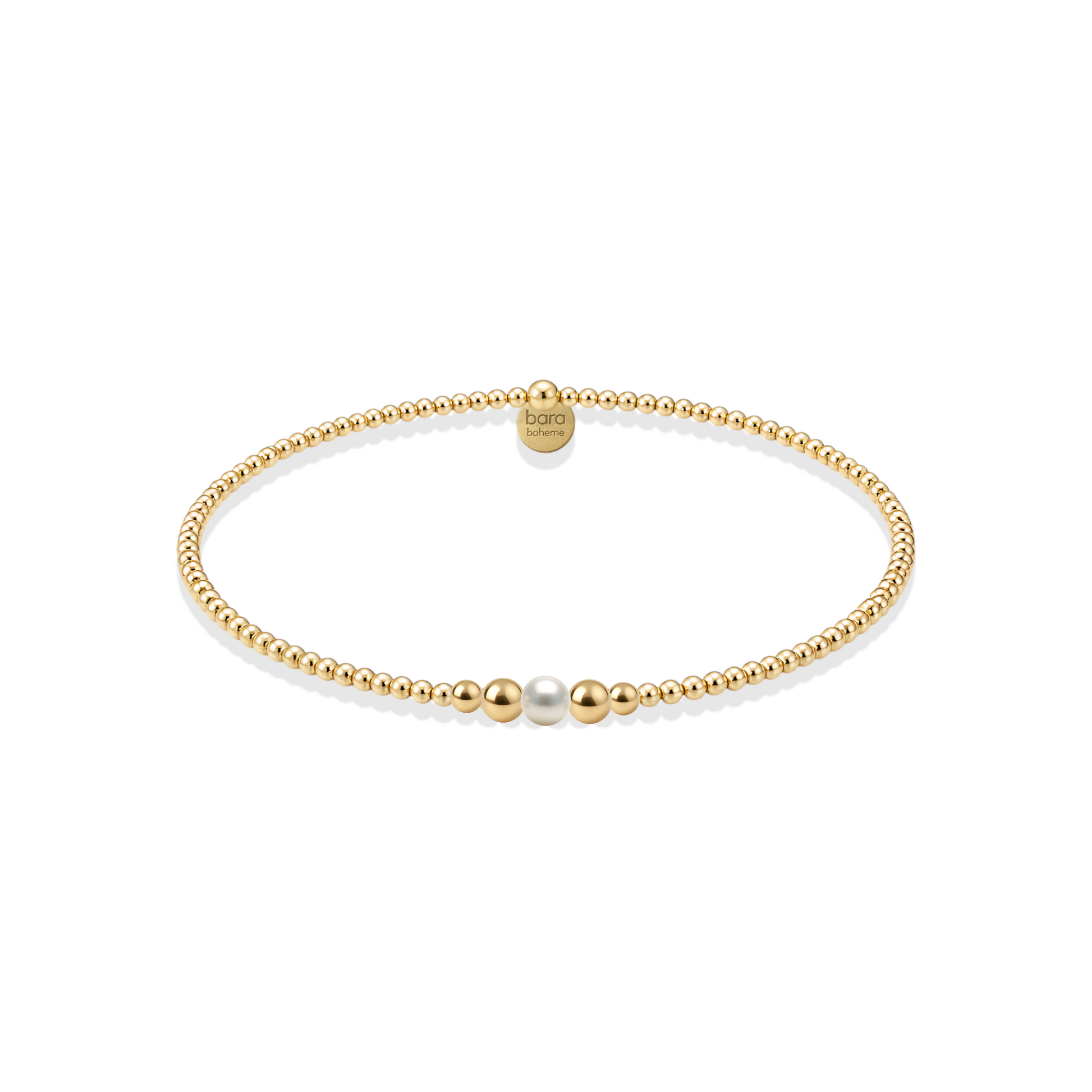 Gold beaded bracelet with a pearl on a white background