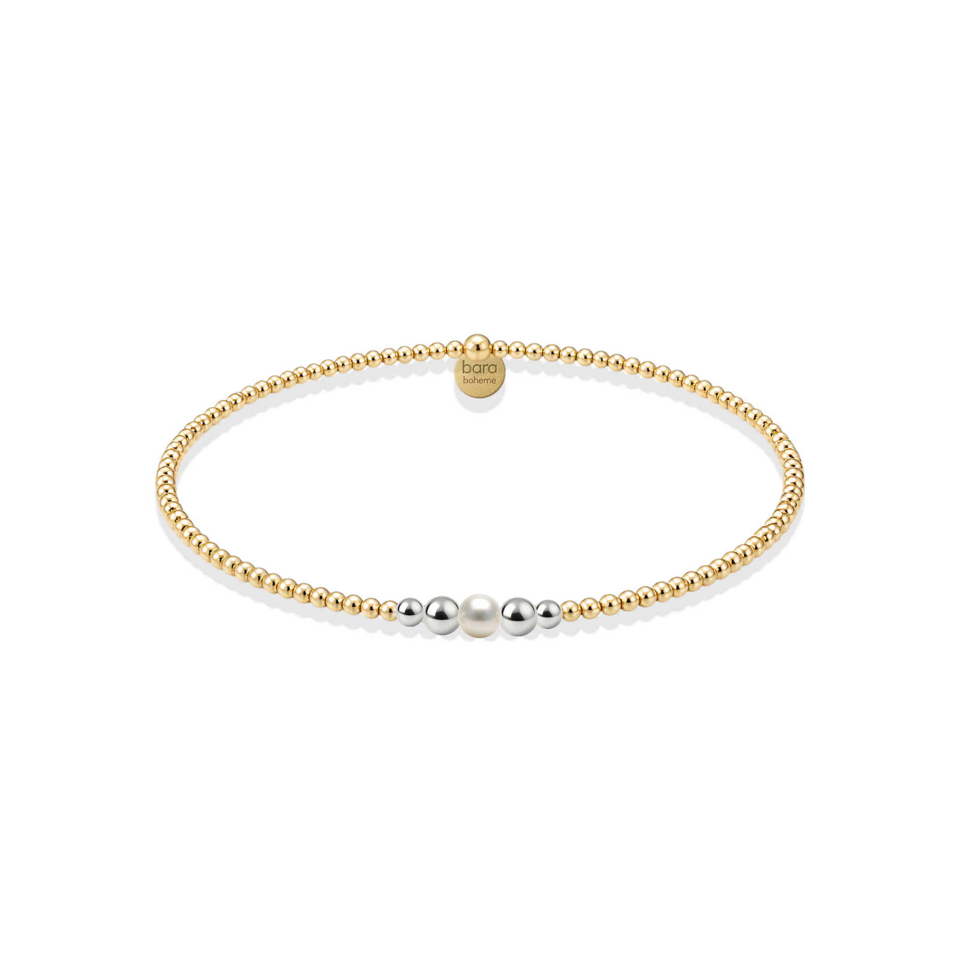Gold and silver beaded bracelet on a white background