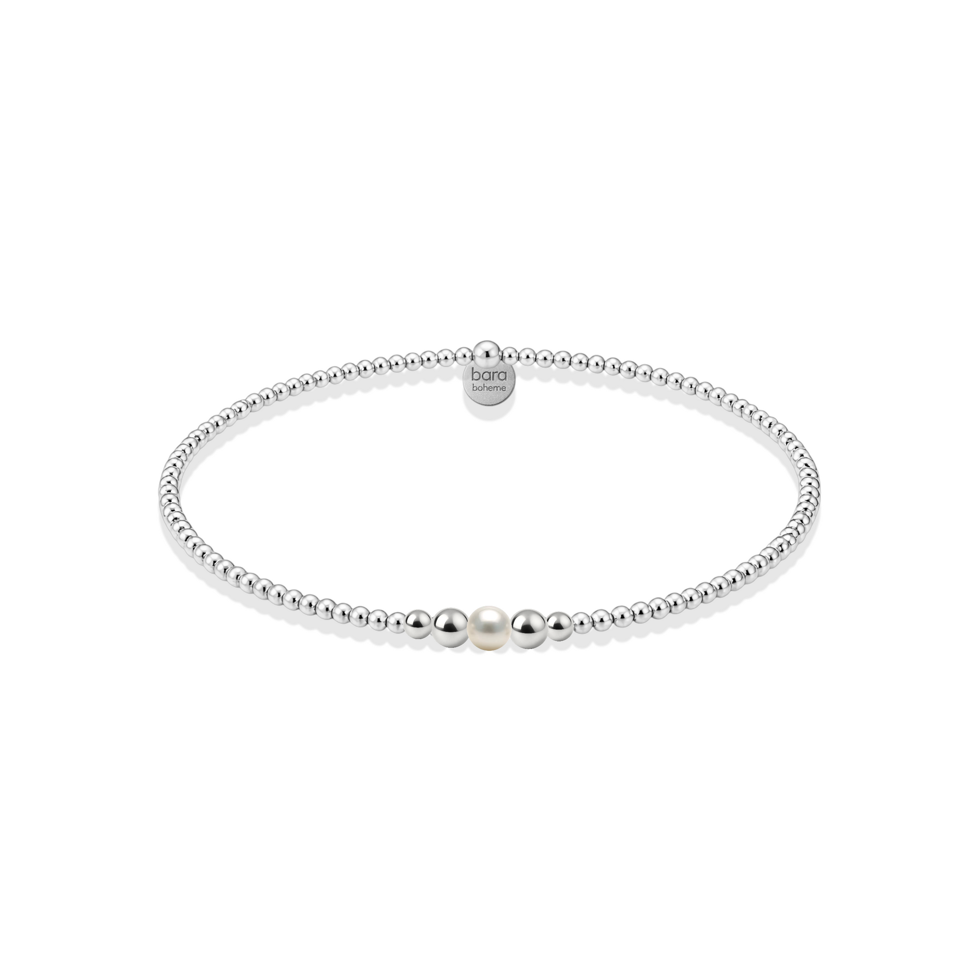 Silver beaded bracelet with a central pearl on a white background