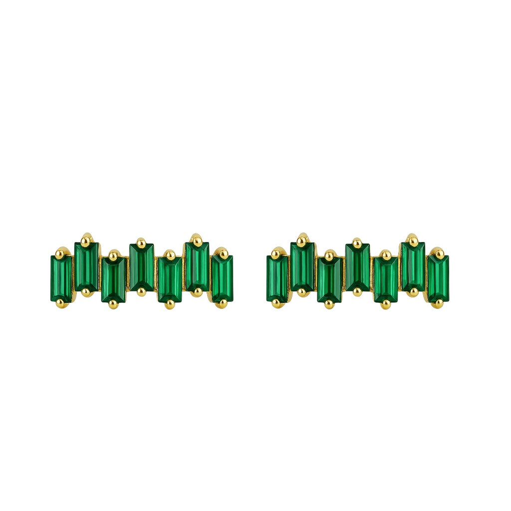 Pair of green emerald-cut earrings with gold settings on a white background