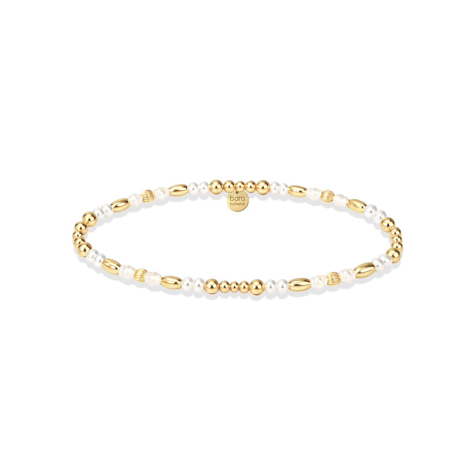 Gold and pearl beaded bracelet on a white background