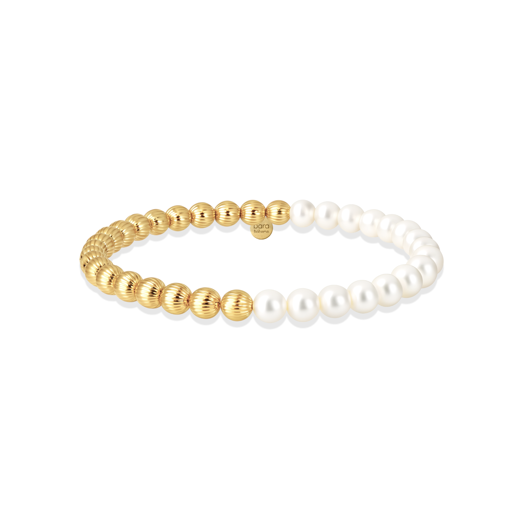 Bracelet with gold beads and white pearls on a white background