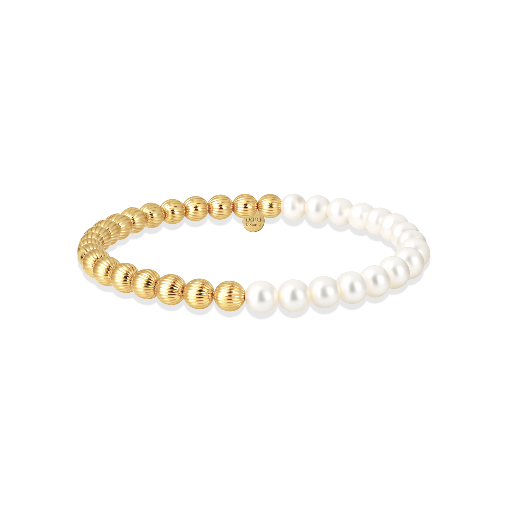 Bracelet with gold beads and white pearls on a white background