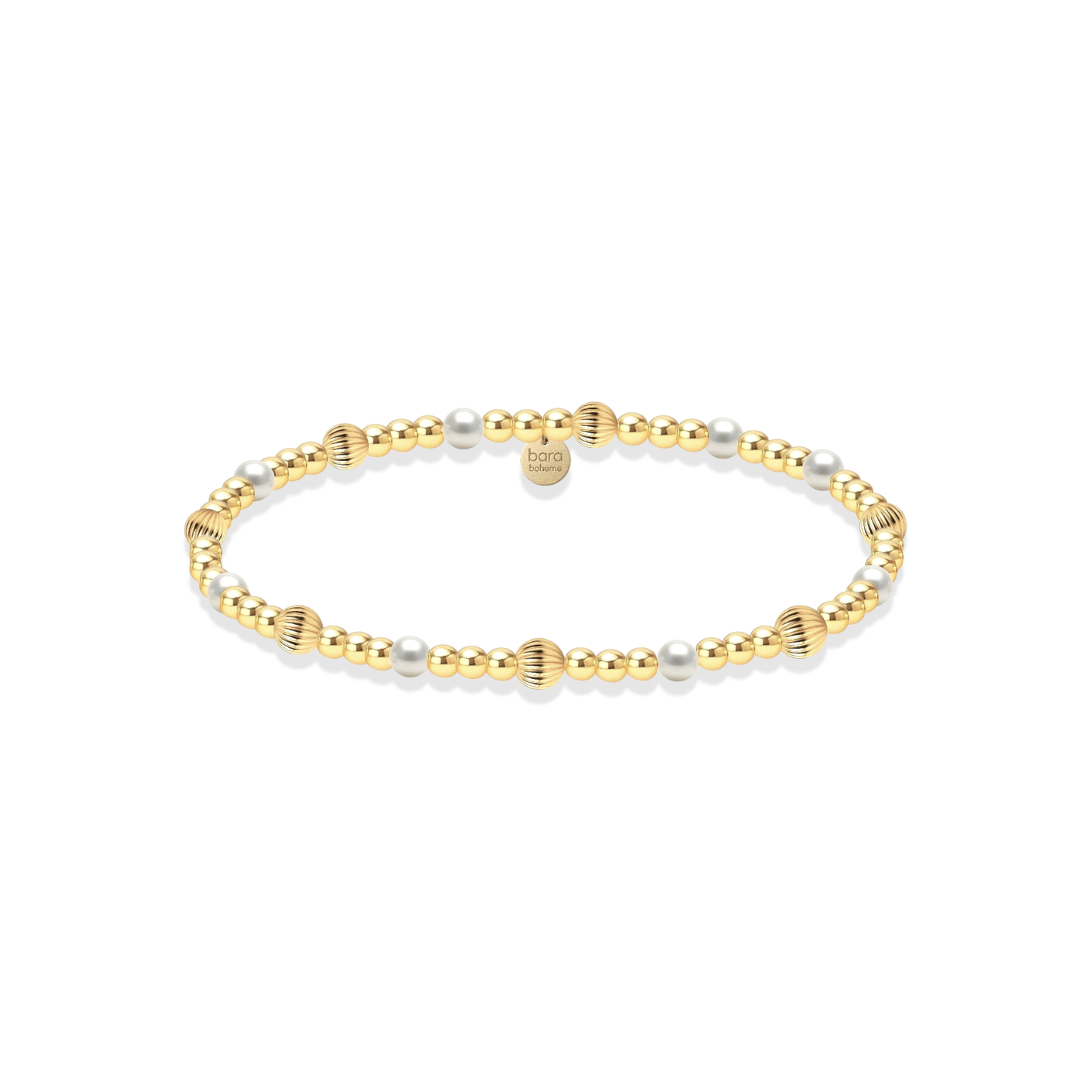 Gold and pearl beaded bracelet on a white background