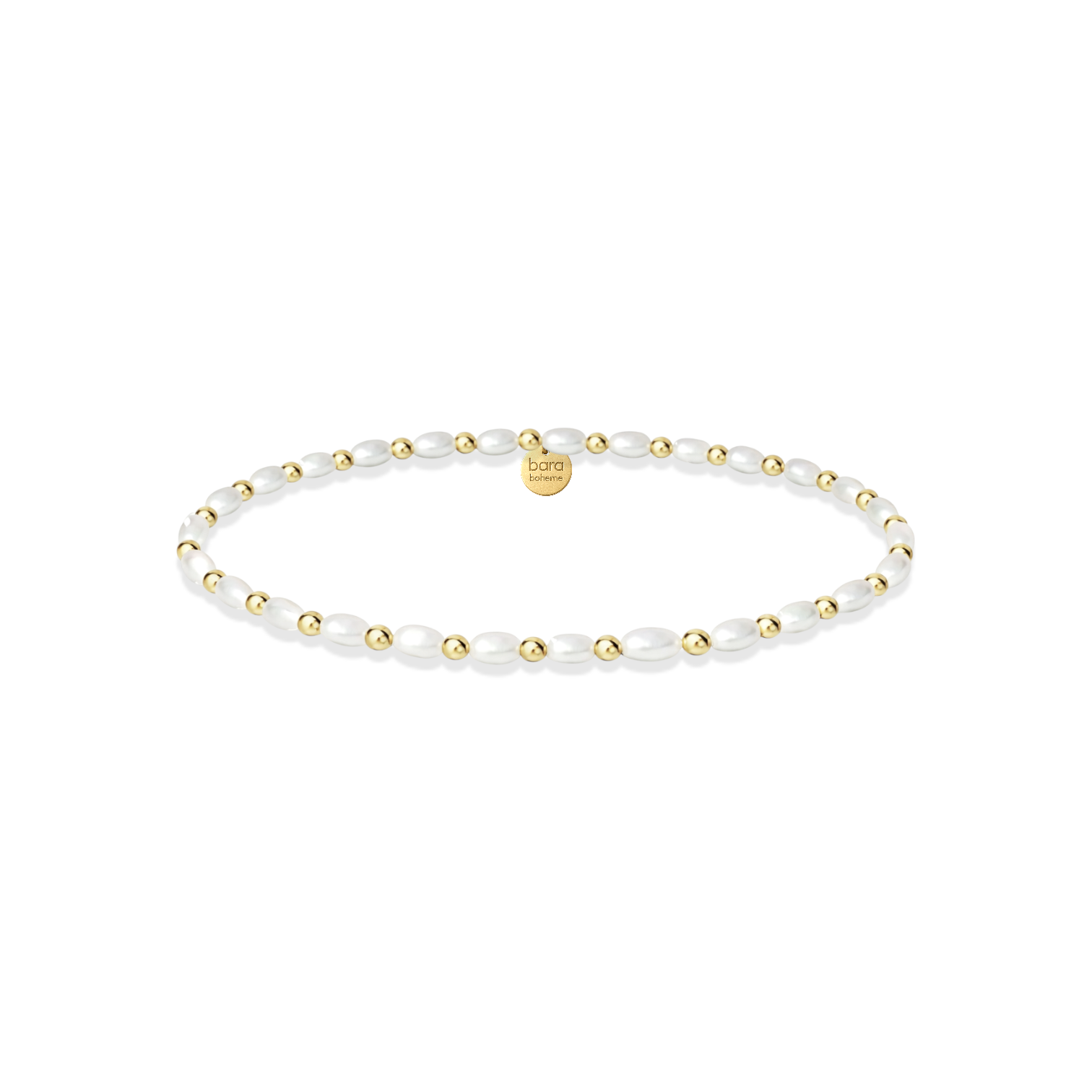Pearl and gold beaded bracelet on a white background