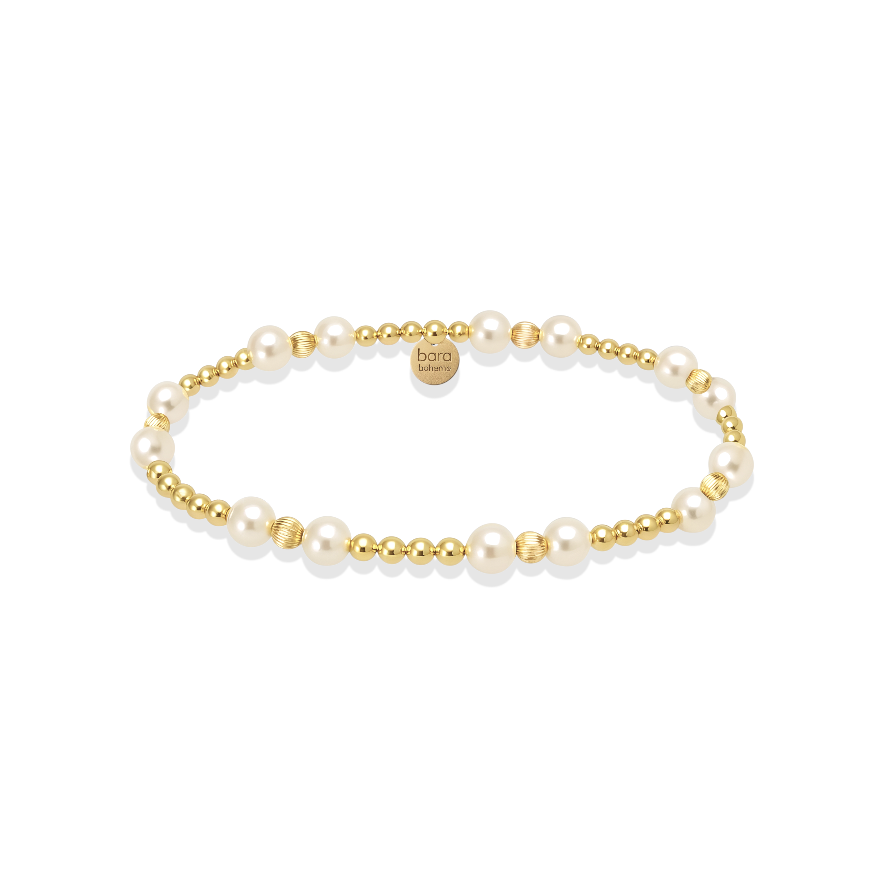 Pearl and gold beaded bracelet on a white background