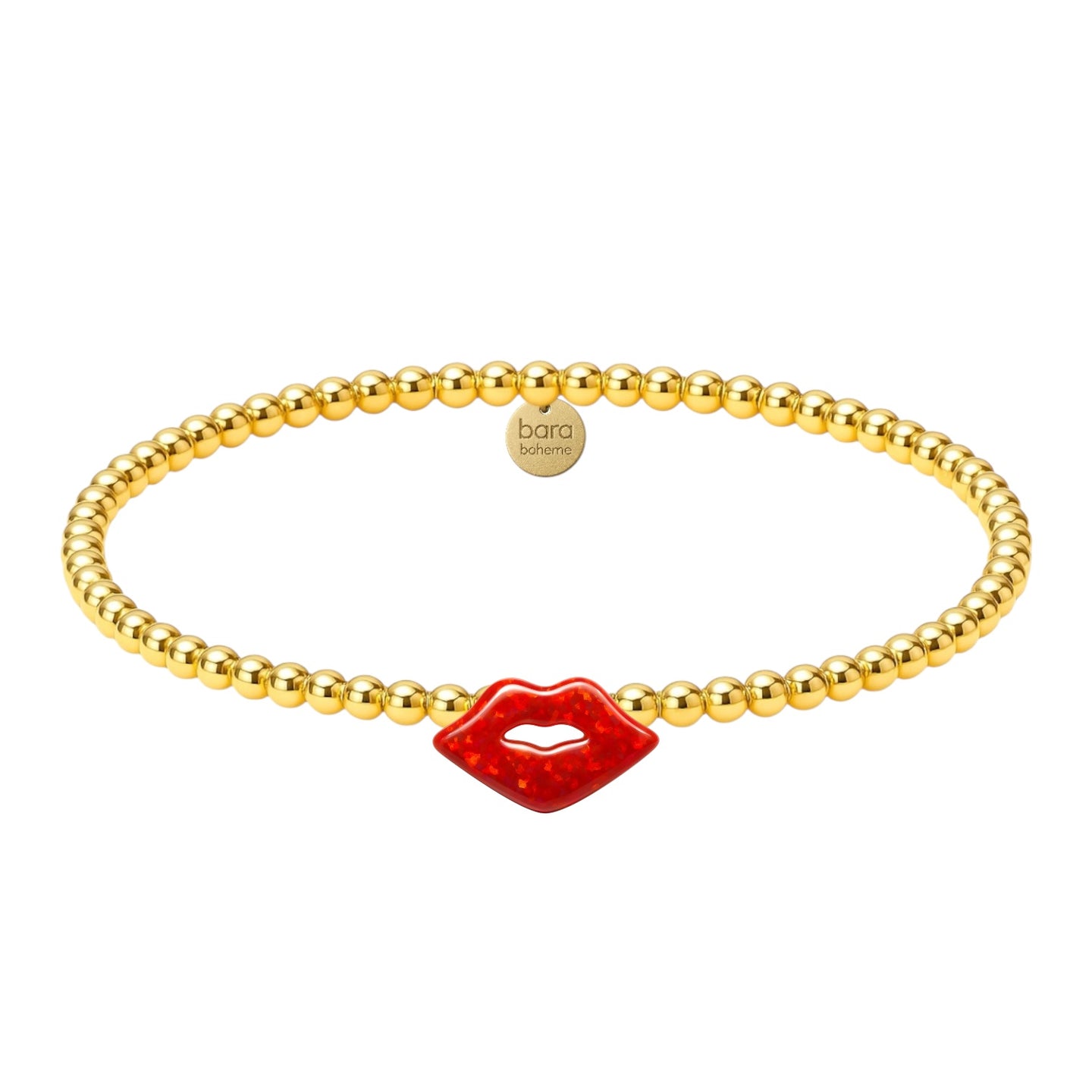 Gold beaded bracelet with a red lip charm on a white background
