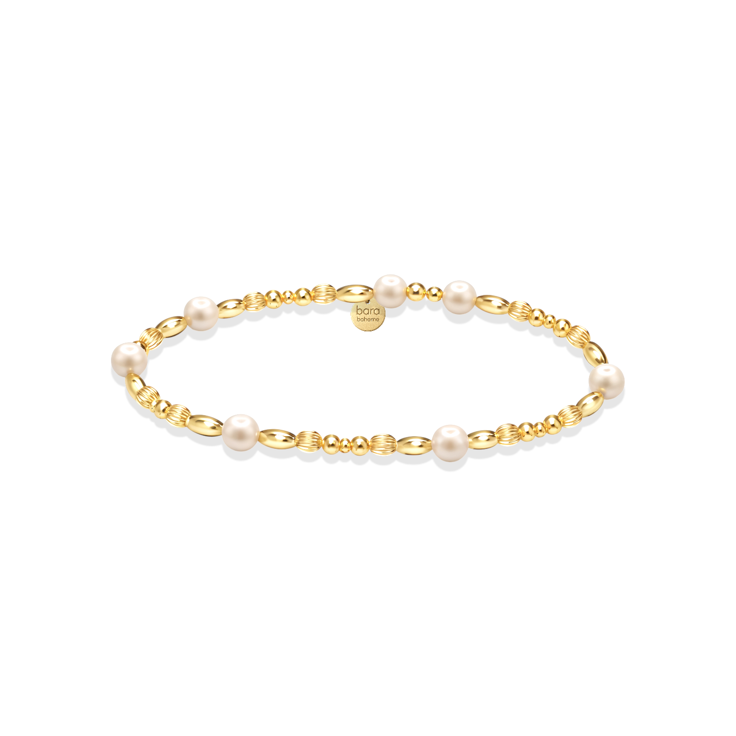 Gold beaded bracelet with pearls on a white background