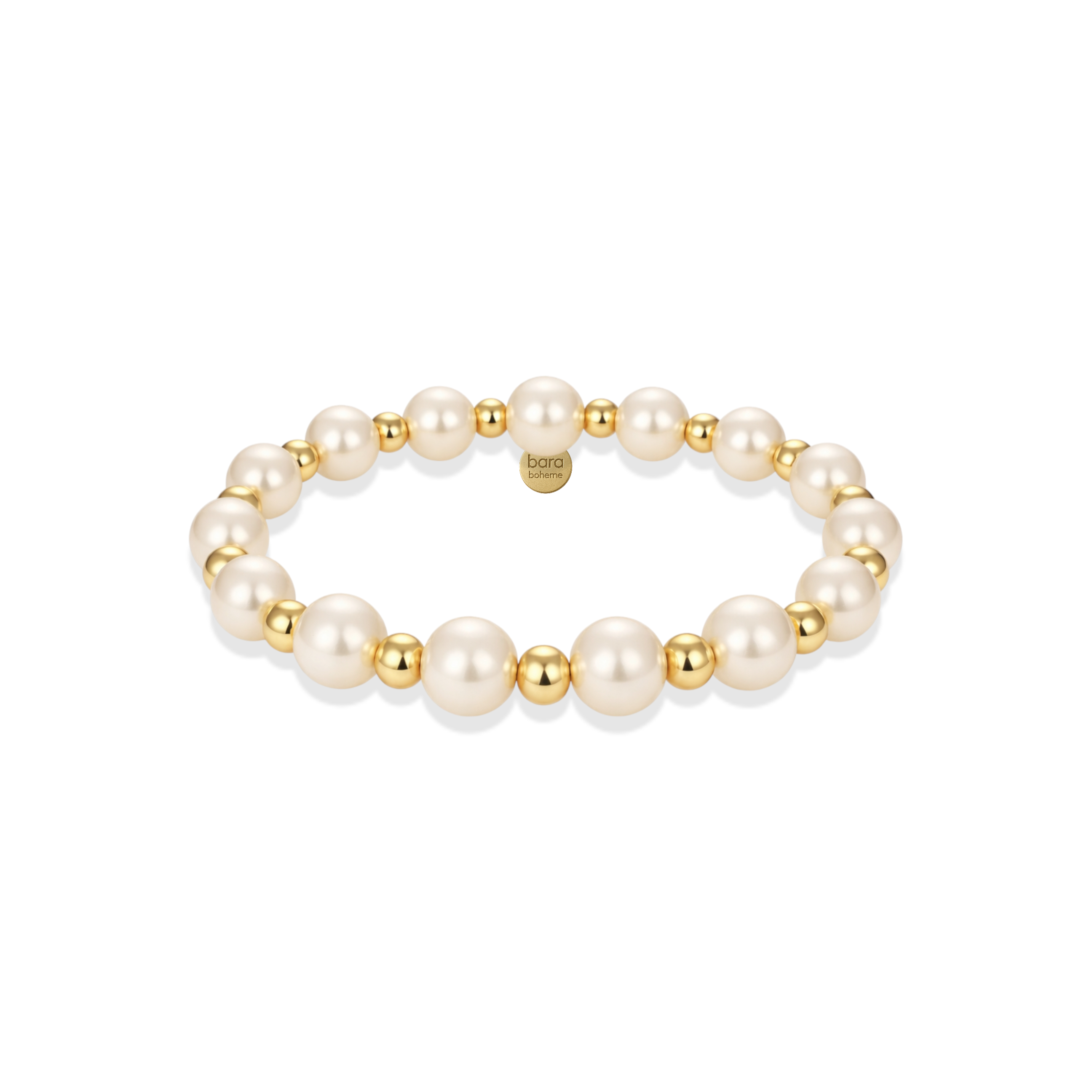 Pearl beaded bracelet with gold accents on a white background