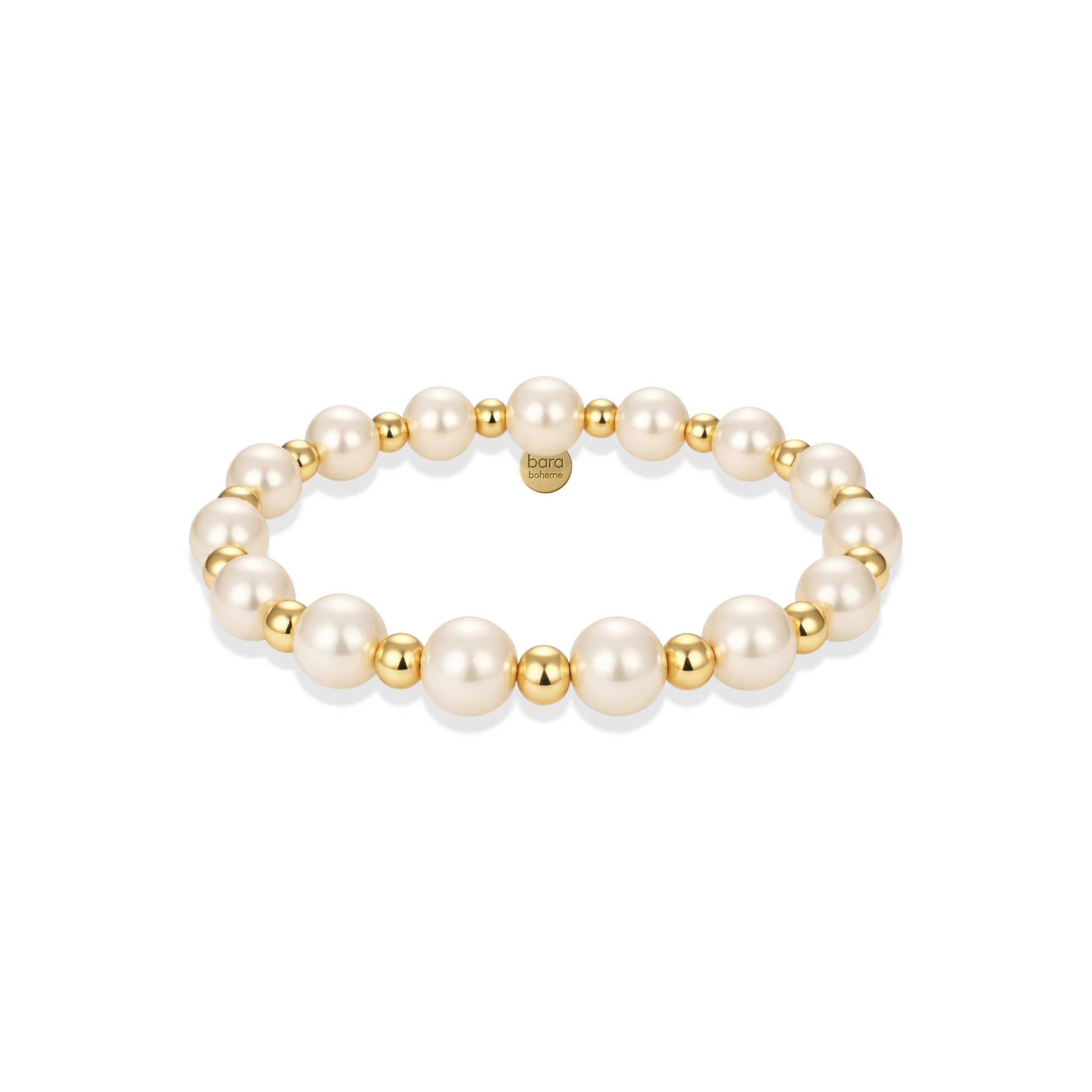 Pearl beaded bracelet with gold accents on a white background