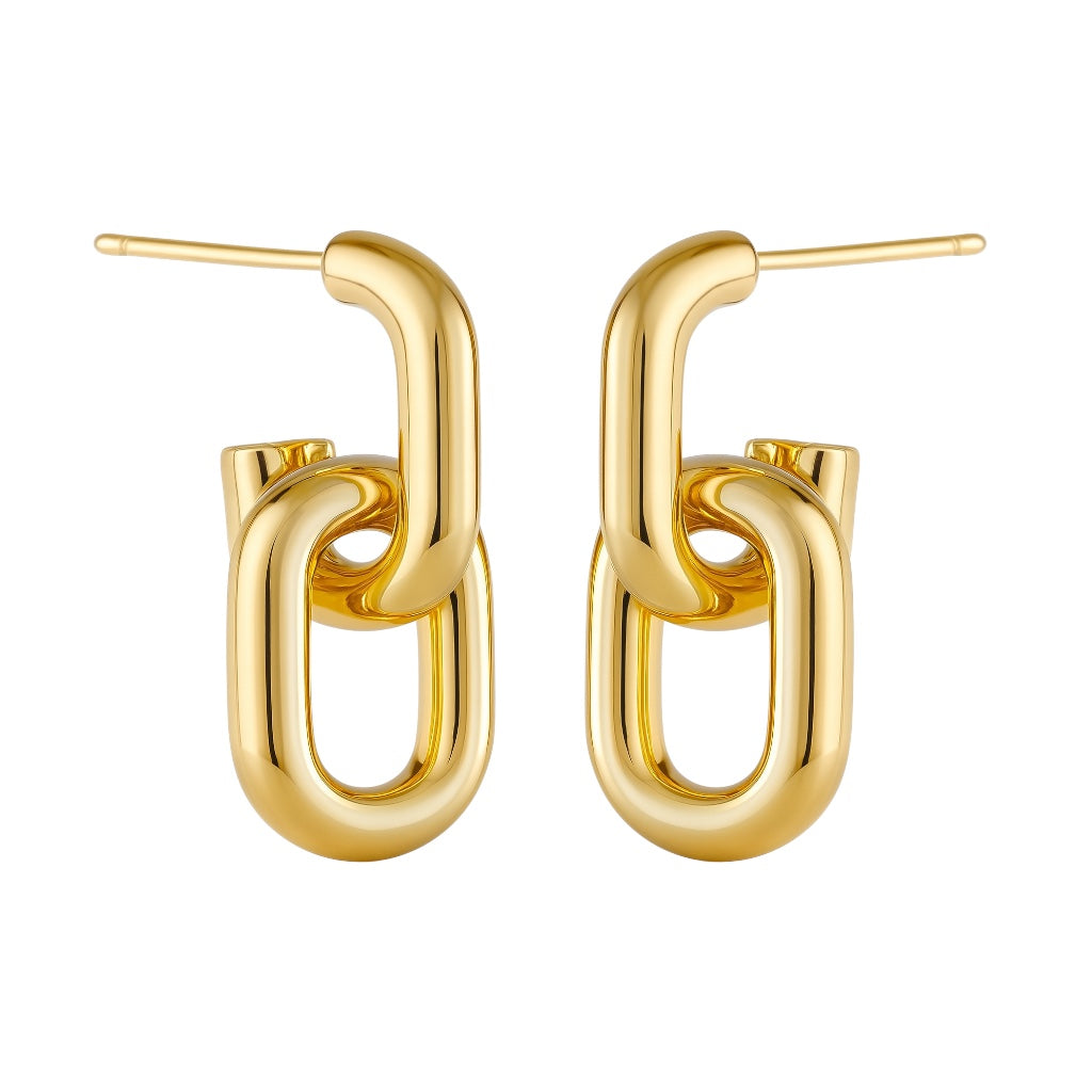 Gold chain-link earrings on a white background