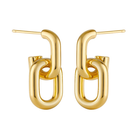 Gold chain-link earrings on a white background