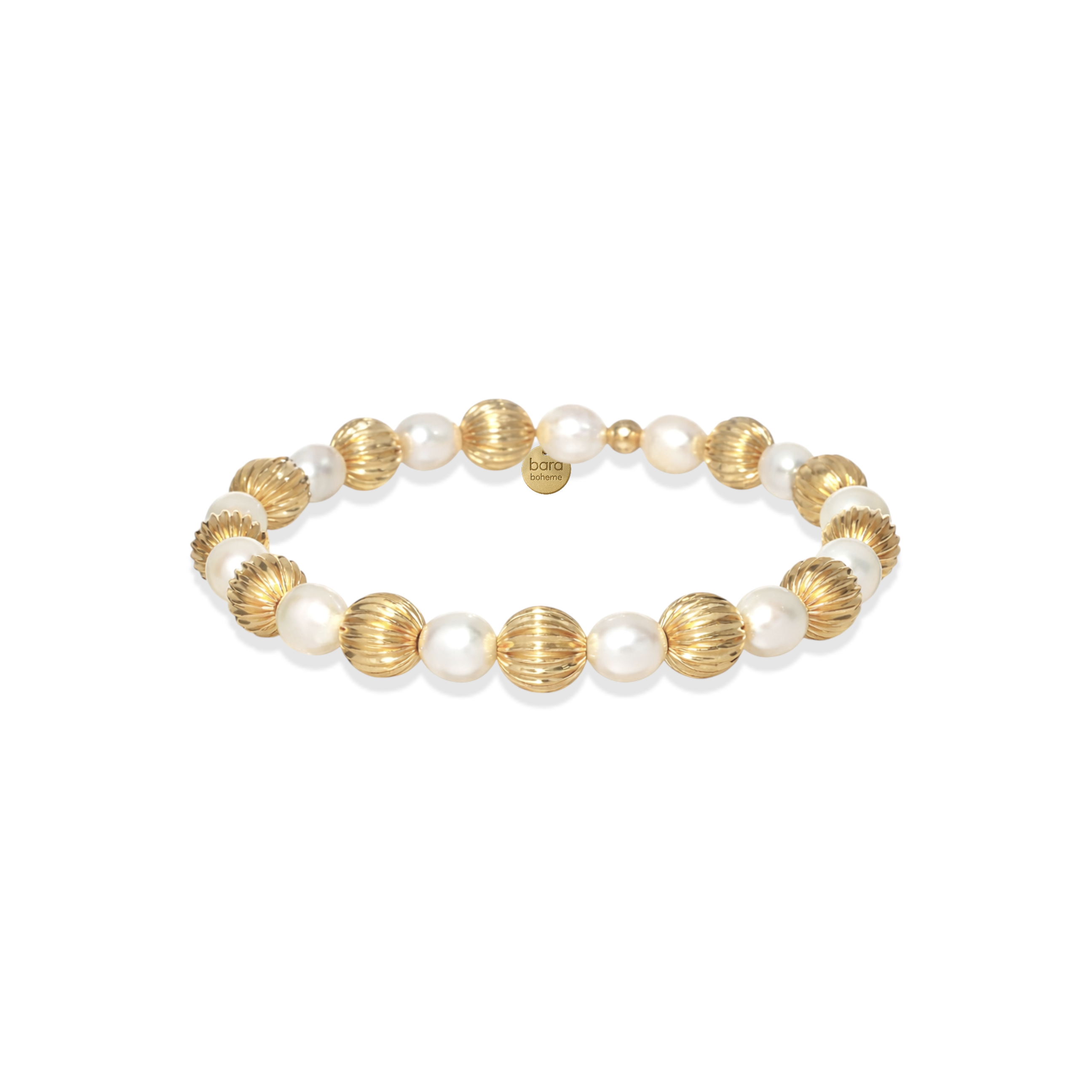 Bracelet with gold and pearl beads on a white background