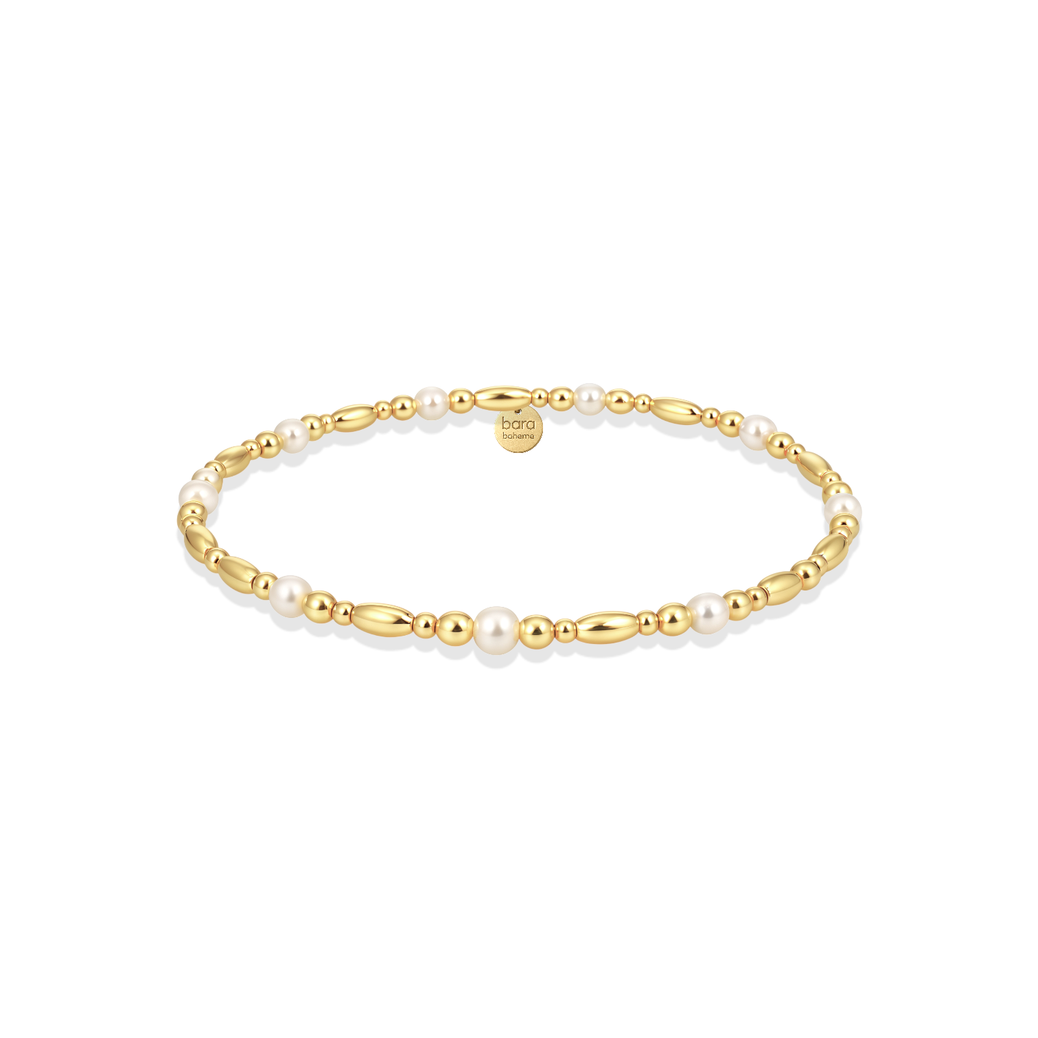 Gold and pearl beaded bracelet on a white background
