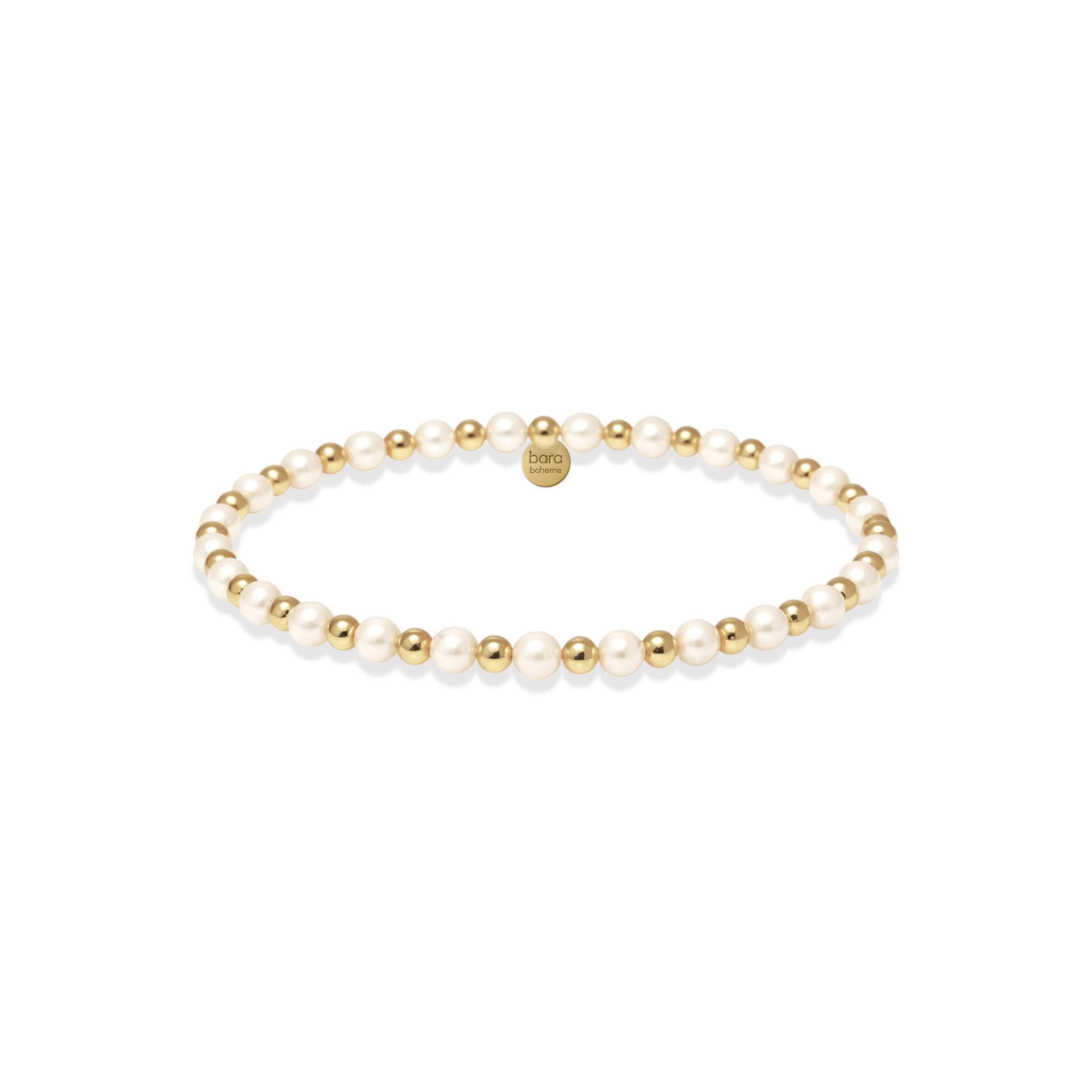 Pearl and gold beaded bracelet on a white background