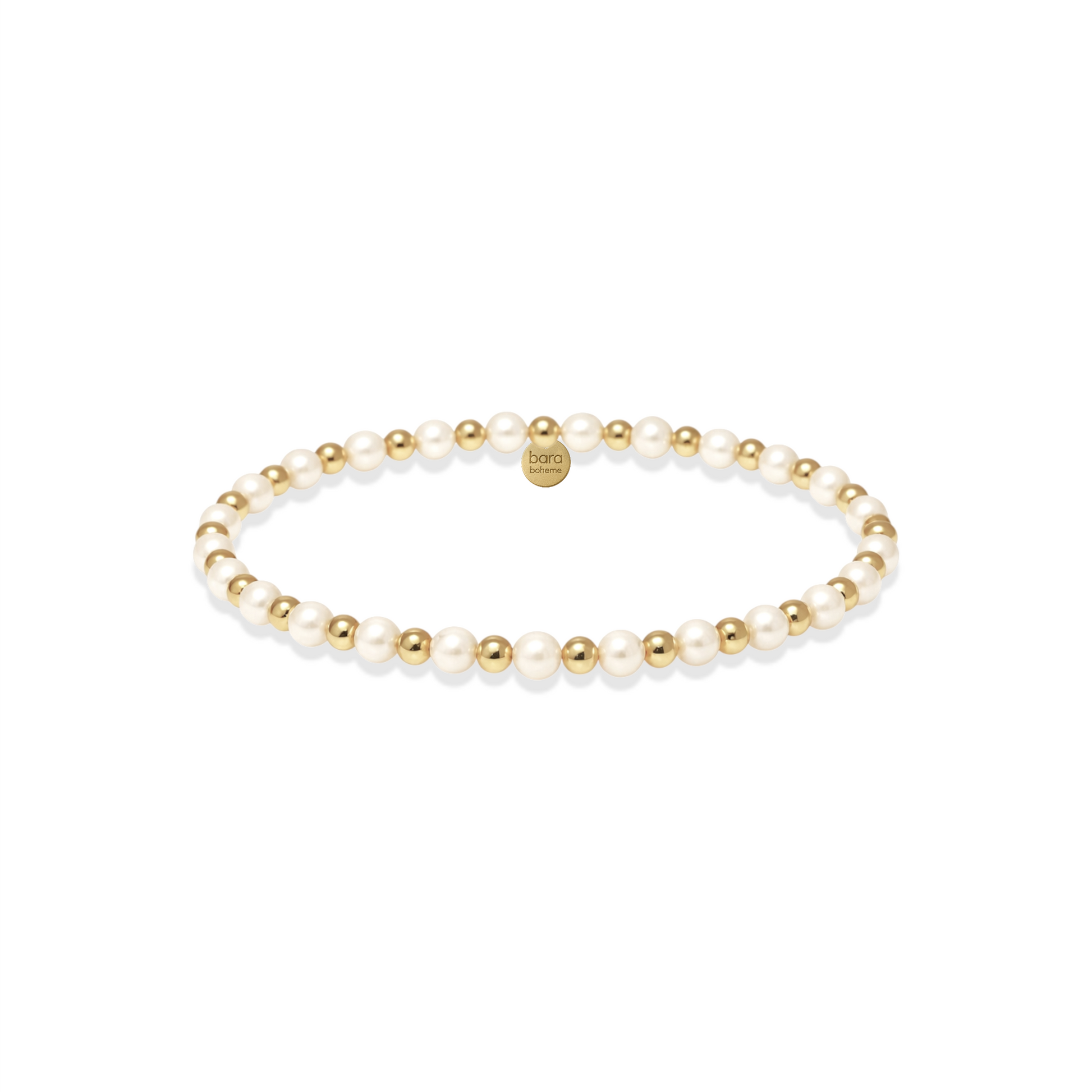Pearl and gold beaded bracelet on a white background