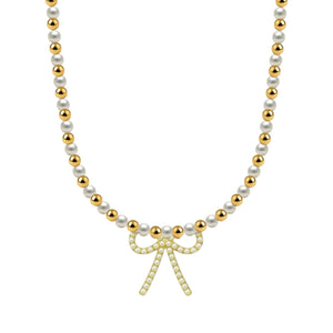 May + Pearl Bow | Gold Filled Beaded Necklace