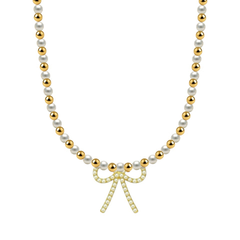 May + Pearl Bow | Gold Filled Beaded Necklace