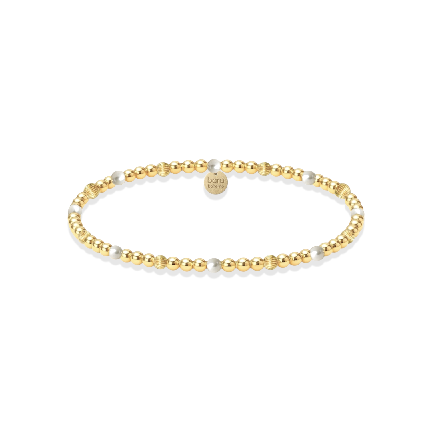 Gold and pearl beaded bracelet on a white background