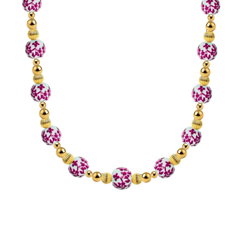 Peach Blossom Gold Filled Beaded Necklace with Porcelain