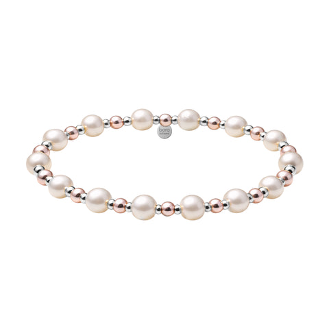 Pearl bracelet with silver and rose gold accents on a white background
