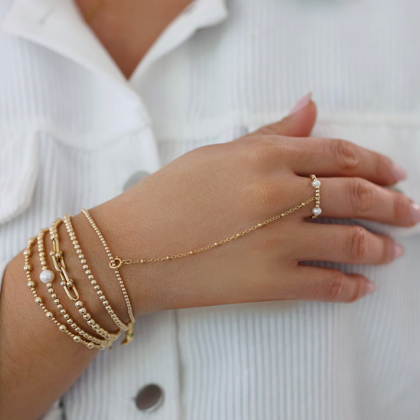BARA 7 | Hand Chain Anti-Tarnish Stretchy Ring 14K Gold Filled