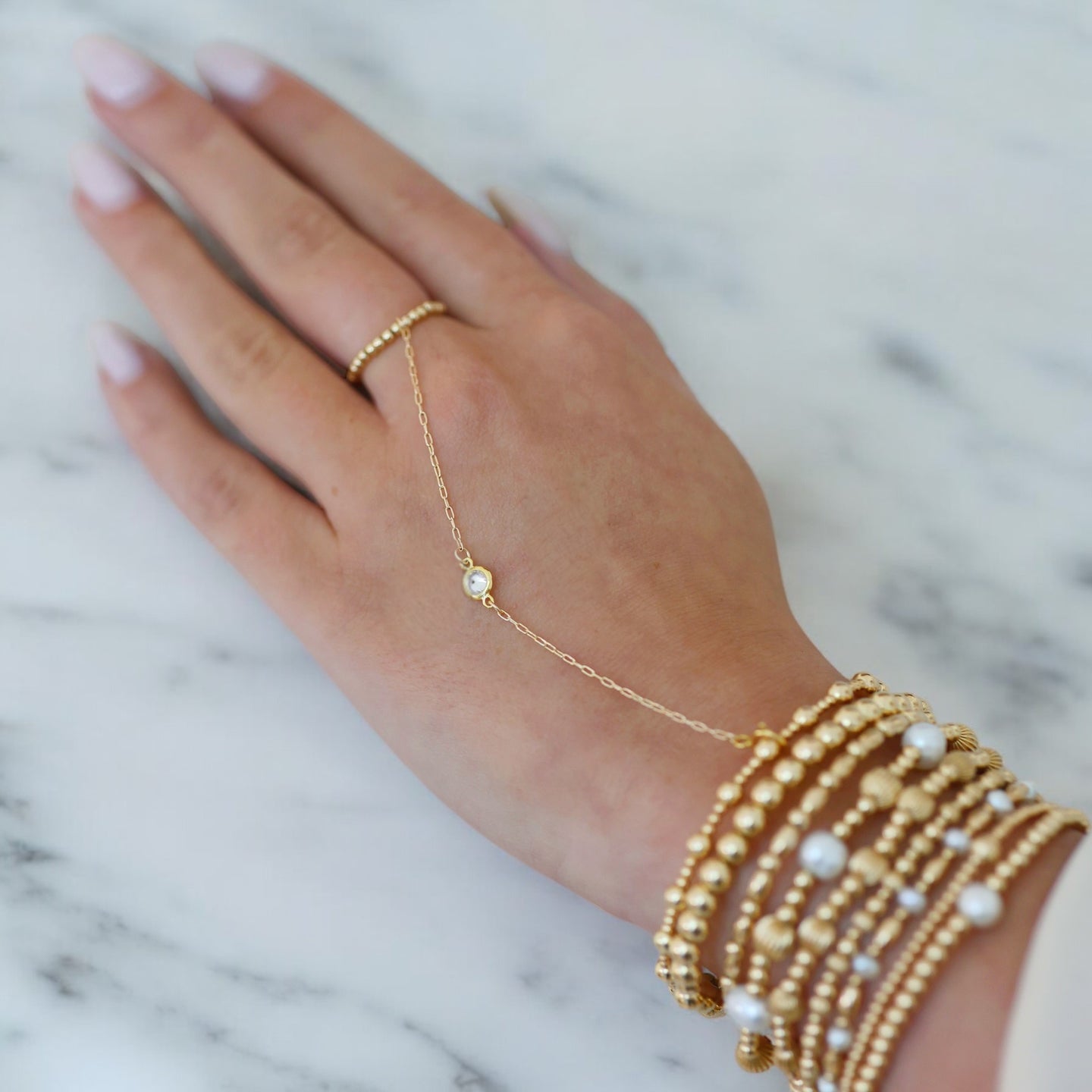 2MM + SOLITAIRE | Hand Chain Anti-Tarnish Stretchy Ring 14K Gold Filled