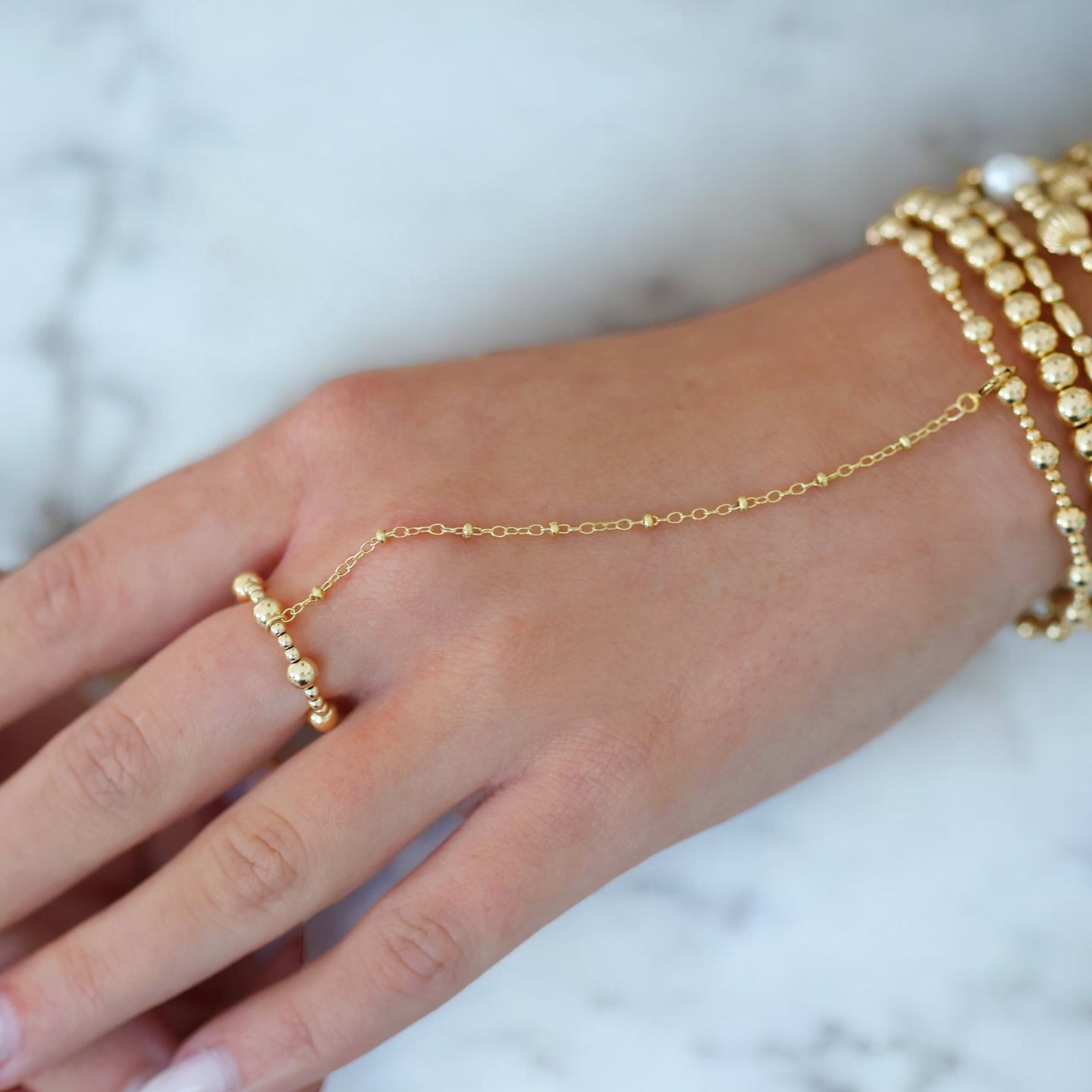 ANGELINA 7 | Hand Chain Anti-Tarnish Stretchy Ring 14K Gold Filled