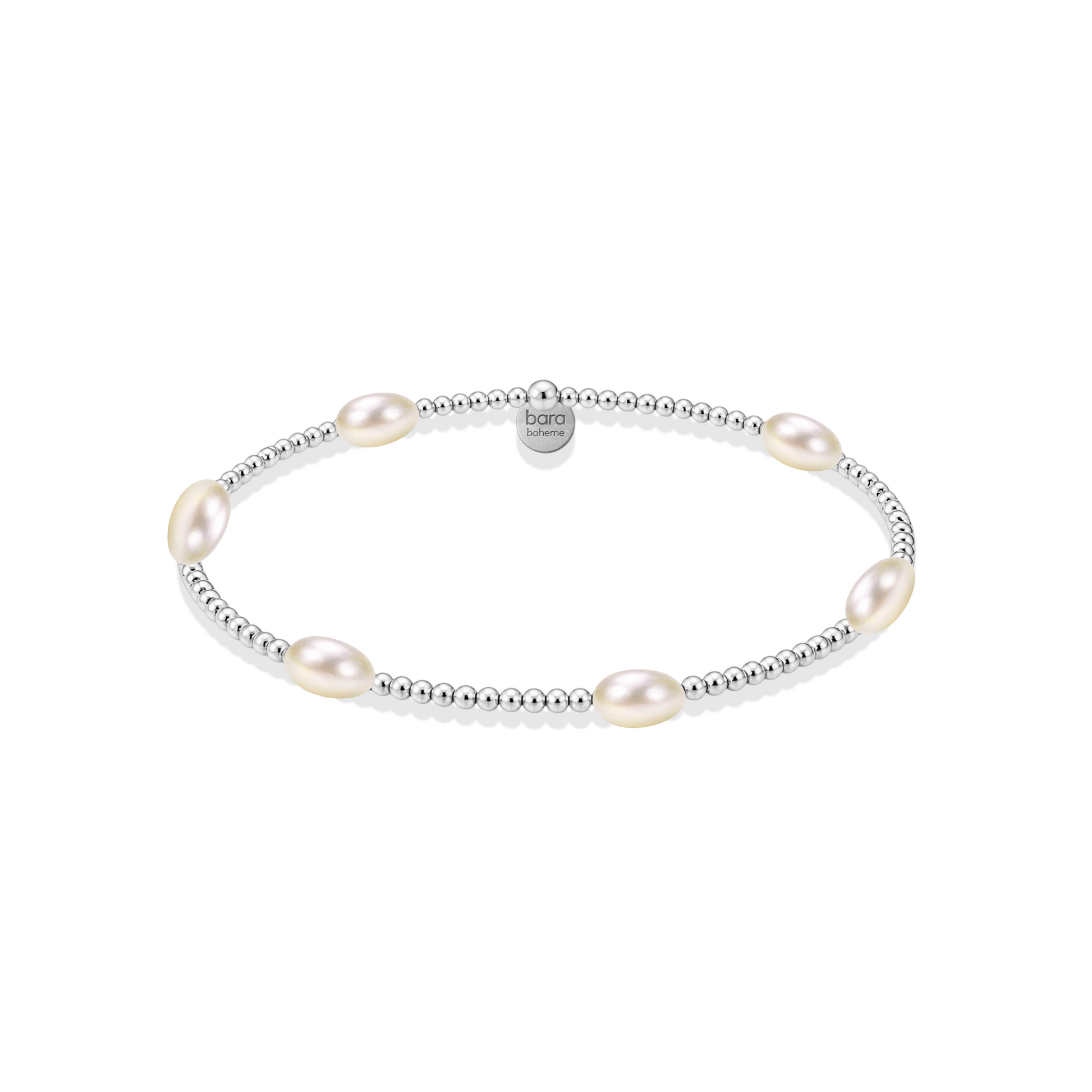Pearl beaded bracelet with silver beads on a white background