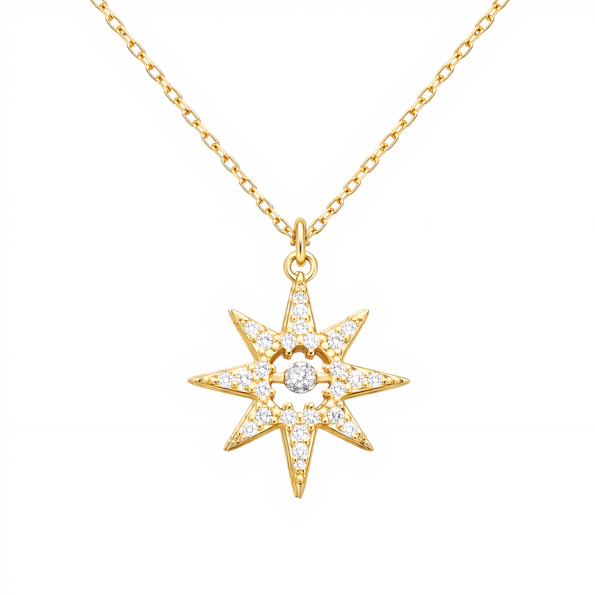 Gold star-shaped pendant necklace with diamonds on a white background