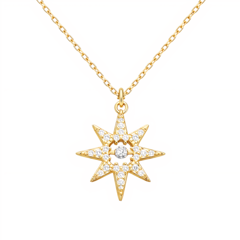 Gold star-shaped pendant necklace with diamonds on a white background