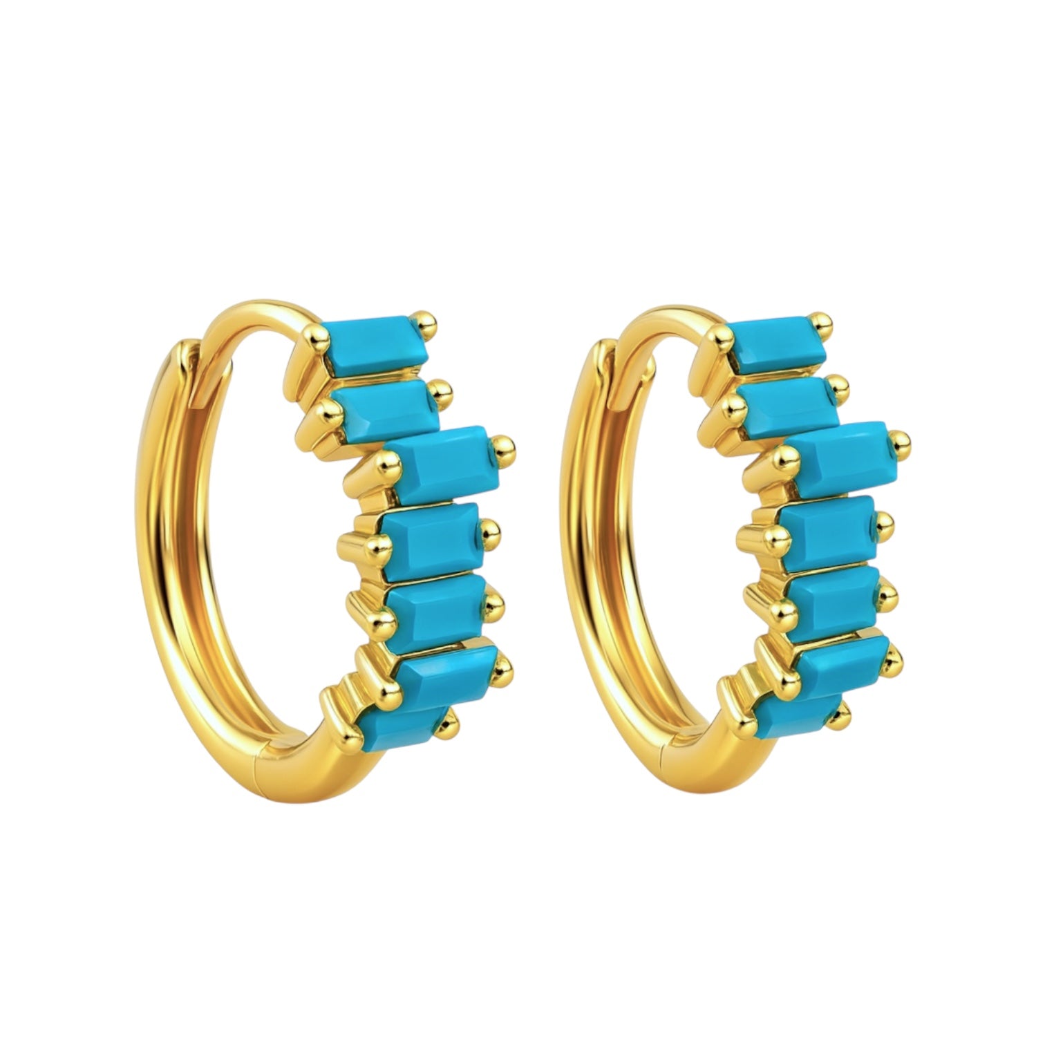 Gold hoop earrings with turquoise stones on a white background