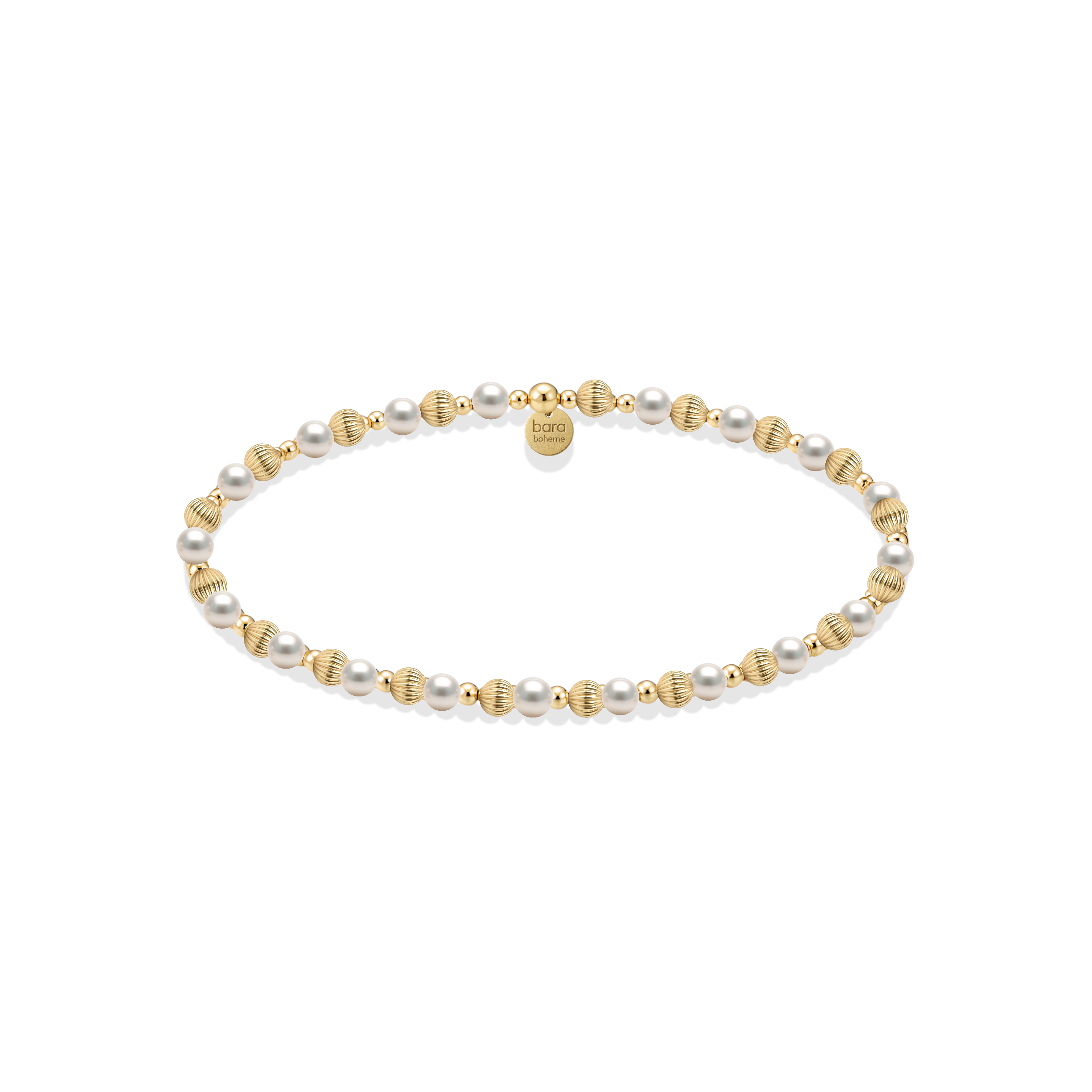 Pearl and gold beaded bracelet on a white background