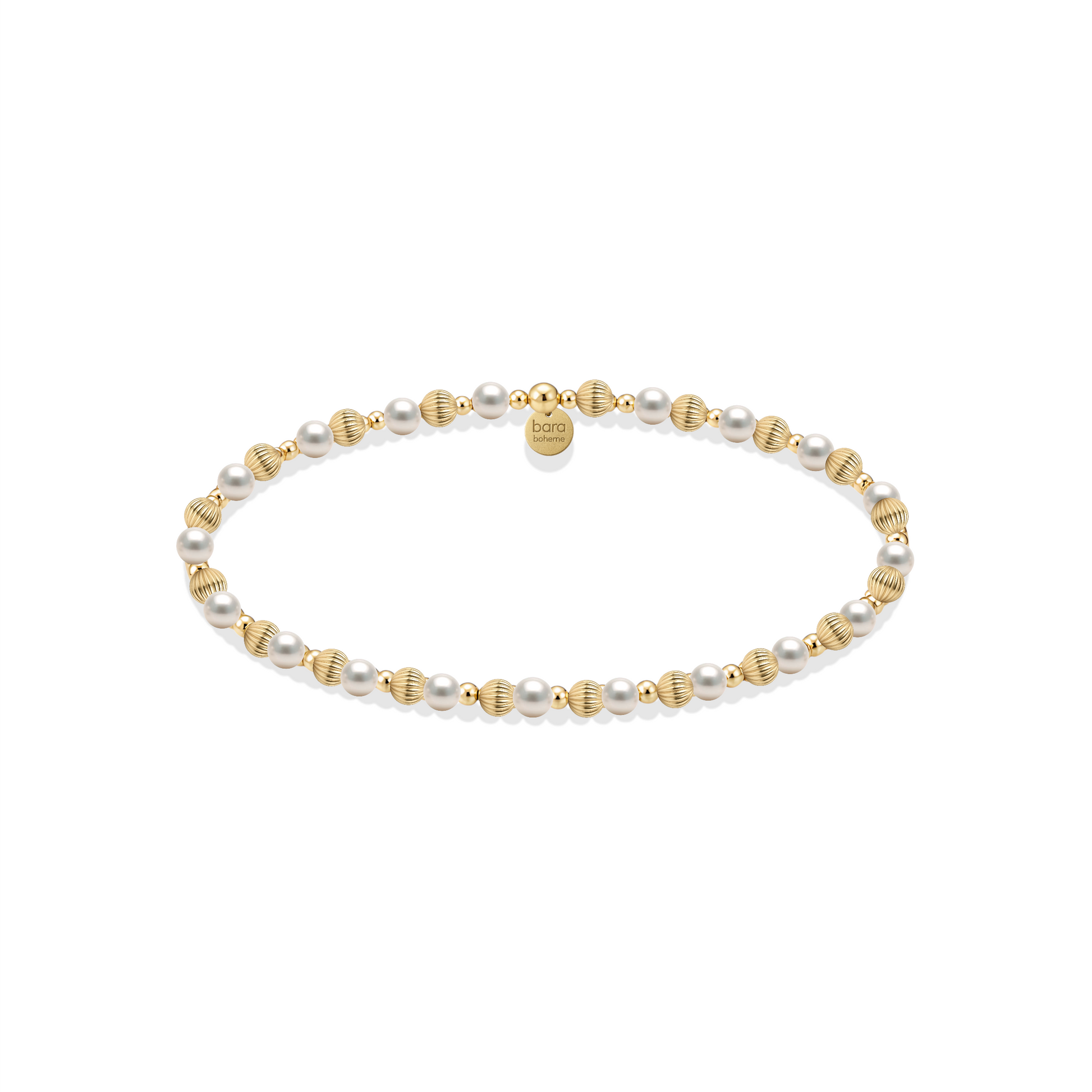 Pearl and gold beaded bracelet on a white background
