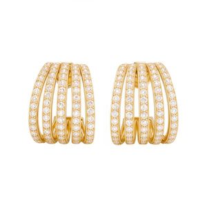 Gold hoop earrings with diamond accents on a white background