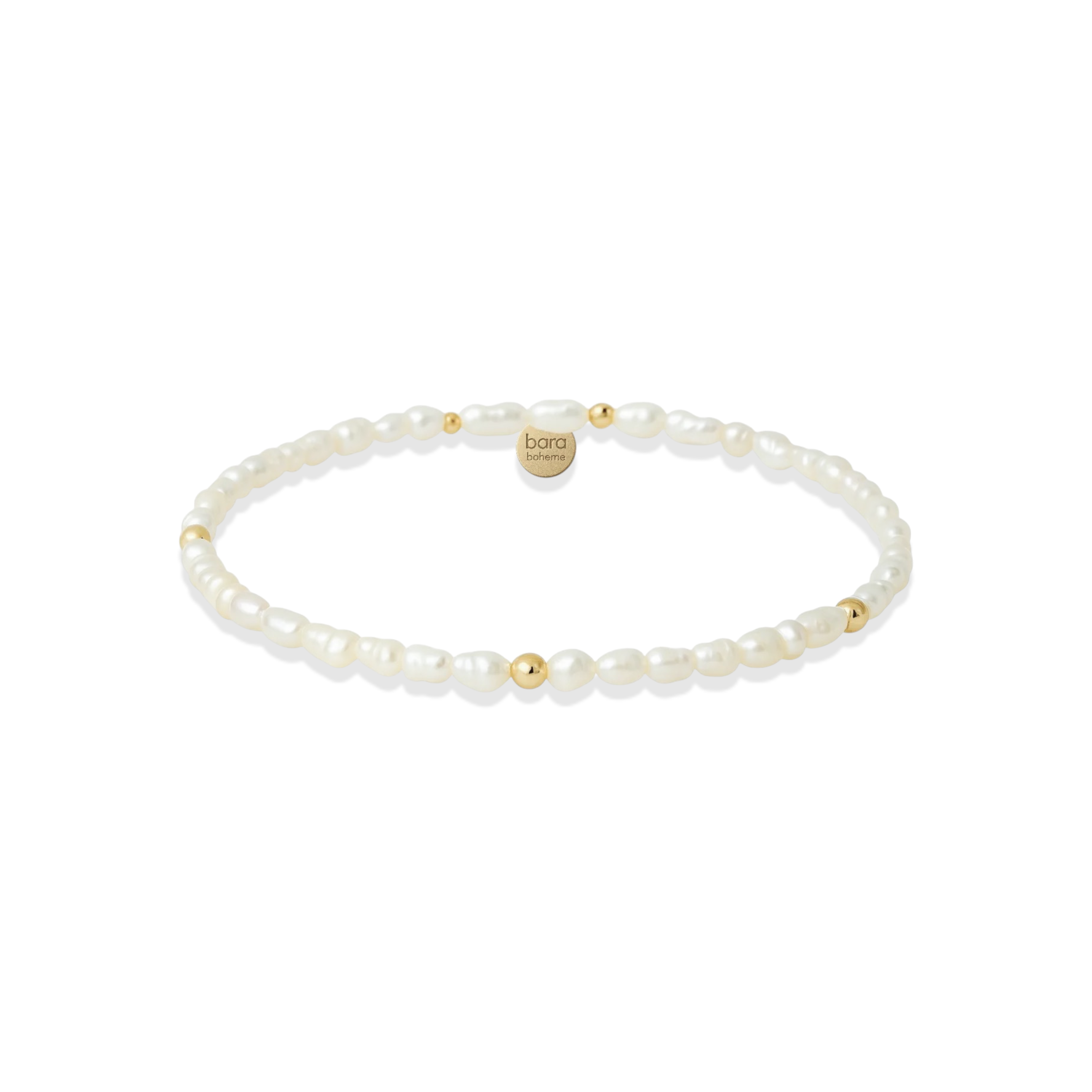Pearl beaded bracelet with gold accents on a white background