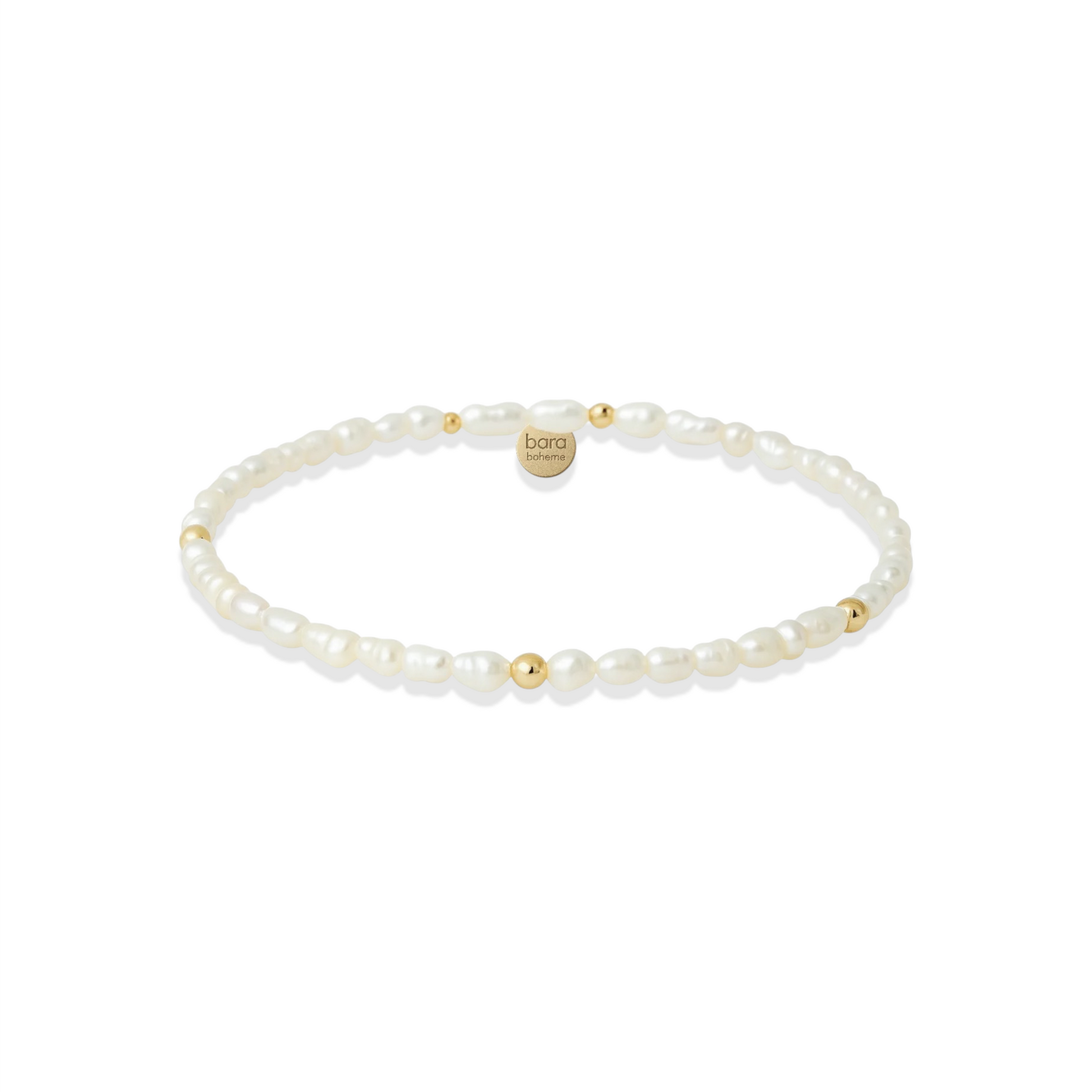Pearl beaded bracelet with gold accents on a white background