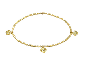 "TRIPLE TINY HEART" Gold Filled and CZ Pave Charm ball beaded Bracelet
