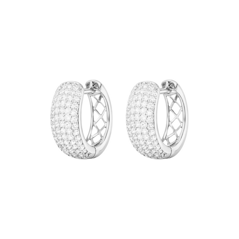 Pair of silver hoop earrings with clear gemstones on a white background