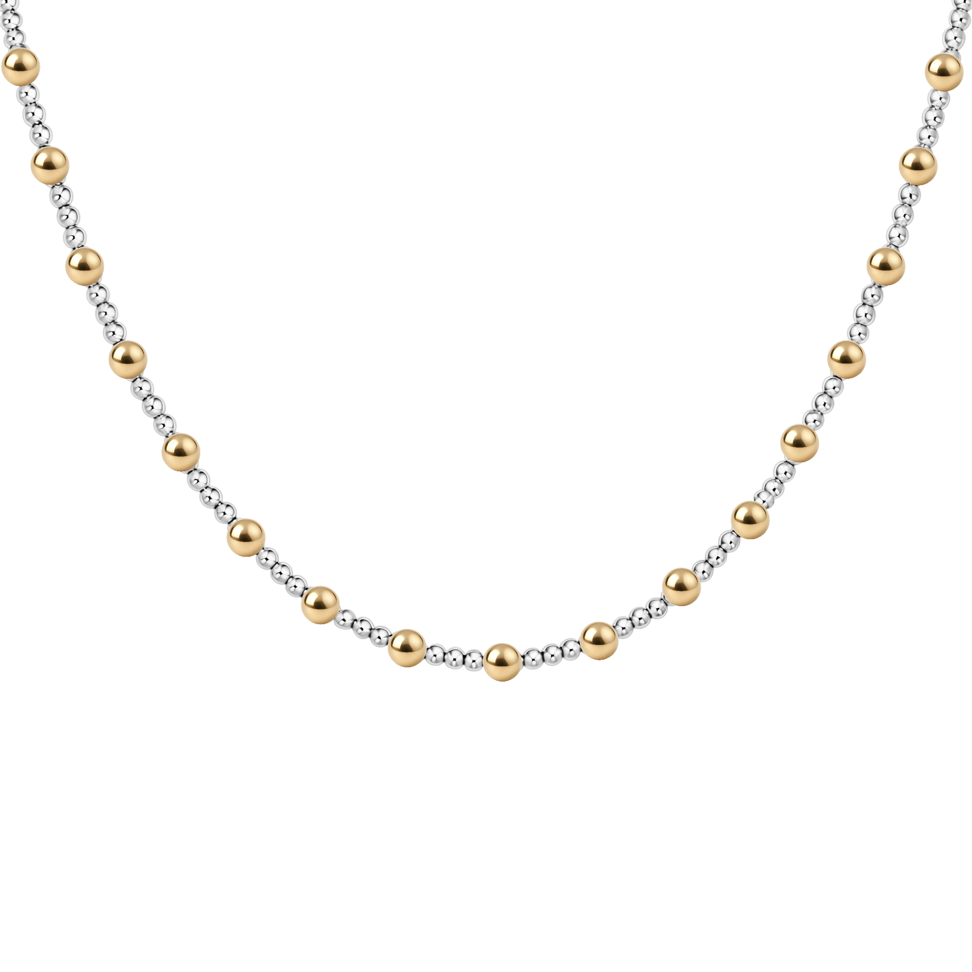 Two-tone gold and silver beaded necklace on a white background